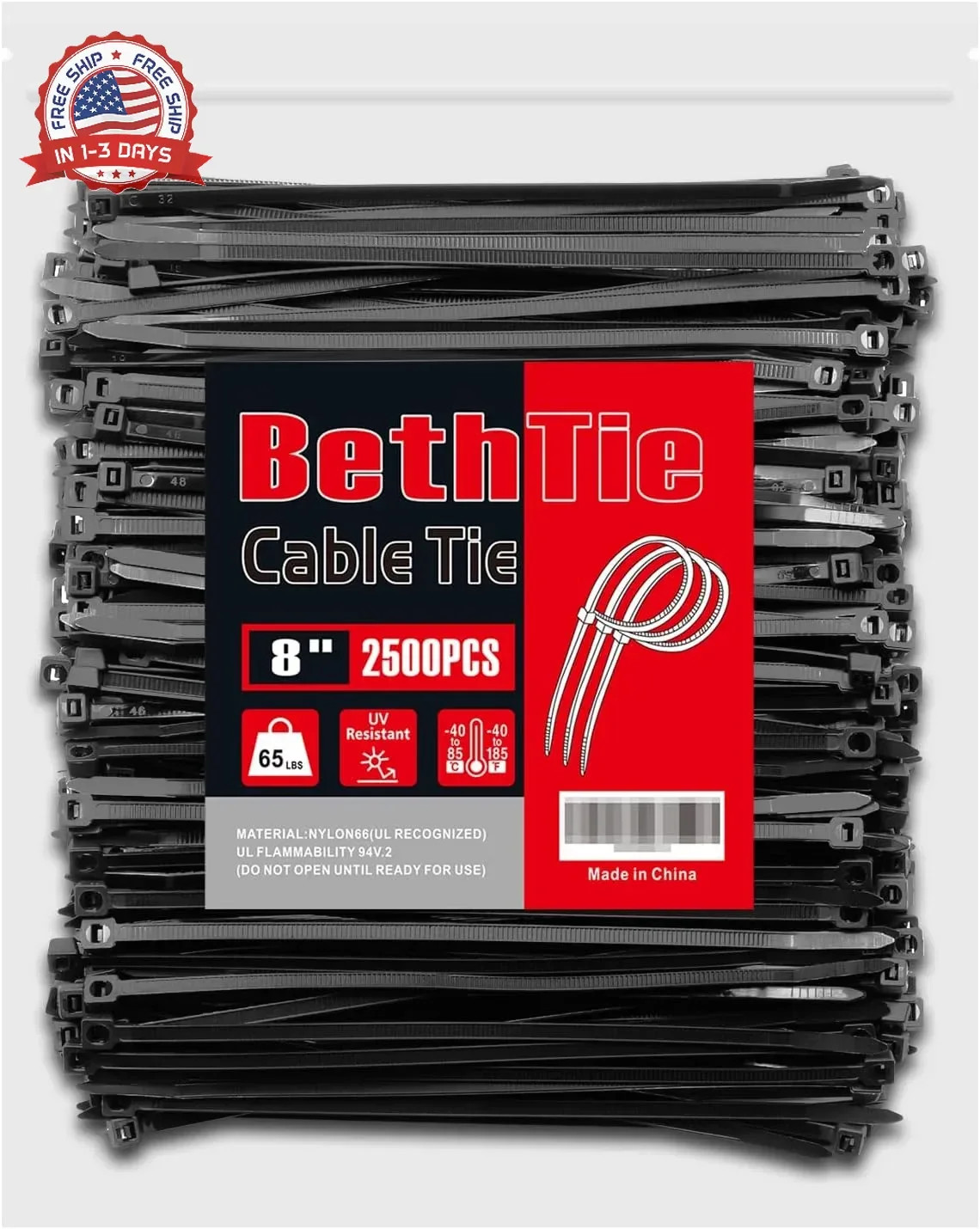 Black 8 Inch Zip Ties (2500 Pack), 65 LBS Tensile Strength, Self-Locking