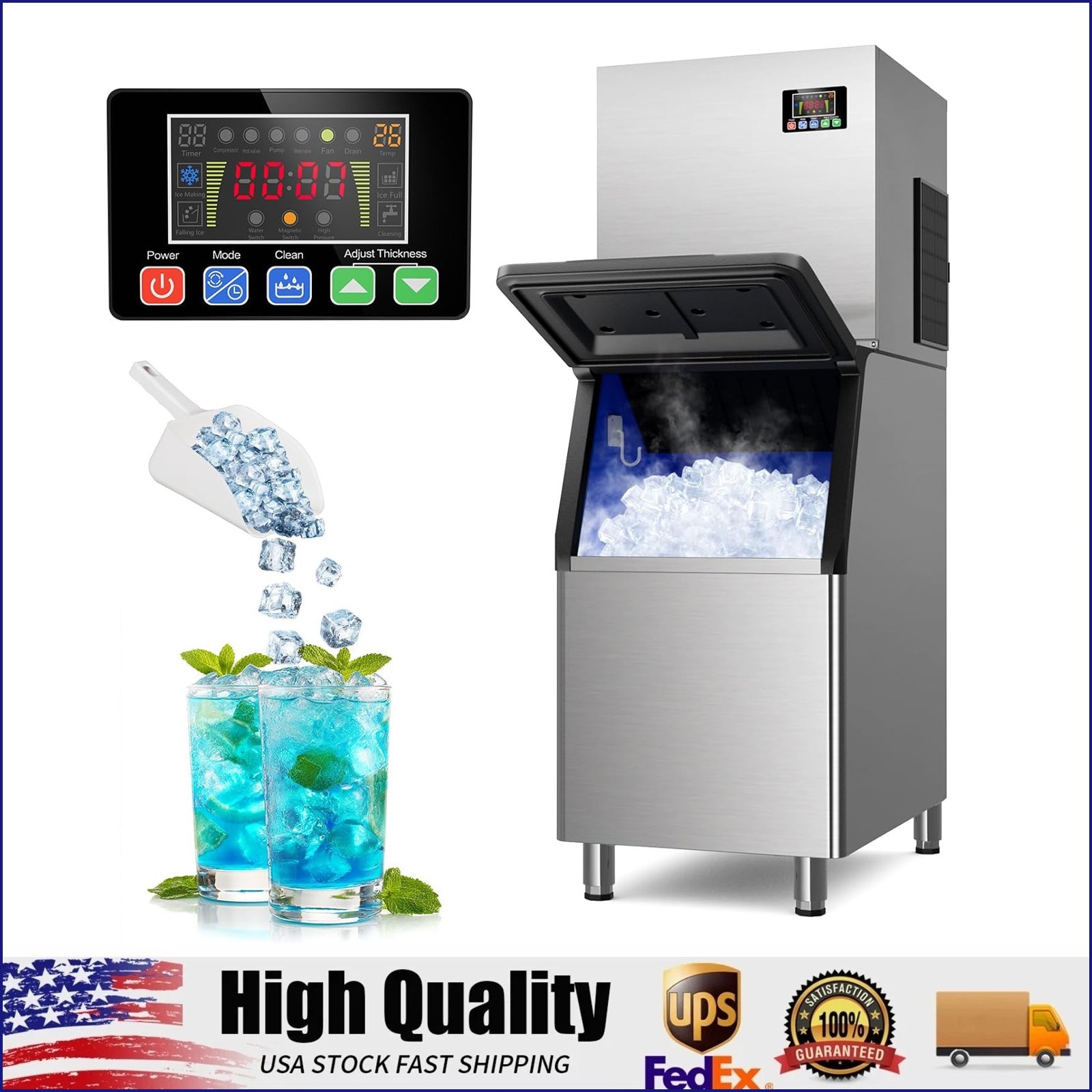 Commercial Ice Maker Machines 500LBS/24H with 350LBS Storage Bin Auto Cleaning