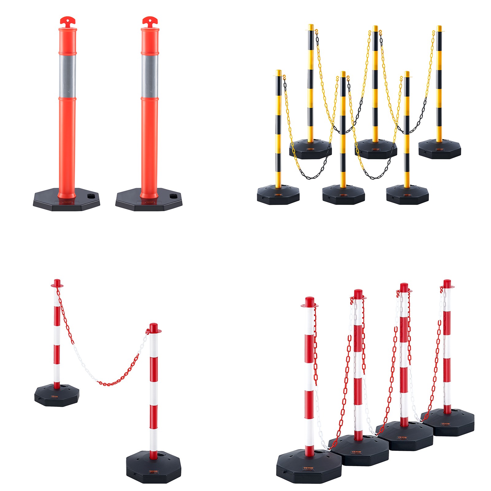 2/4/6PCs Traffic Delineator Post Cones with Fillable Base 8/6.6FT Chain