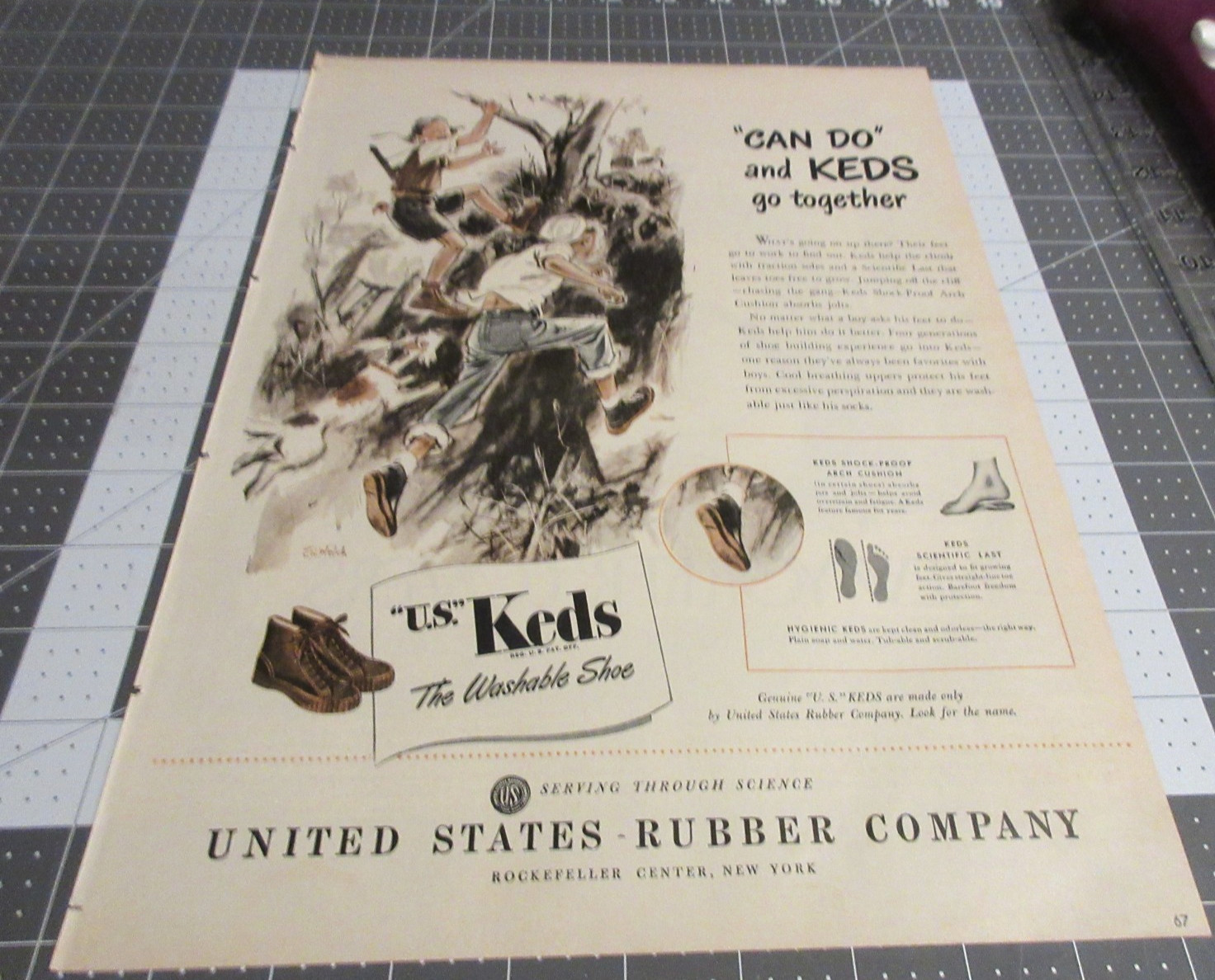 1946 U. S. KEDS Shoes Sneakers boys playing army J. W. Welch artist Print Ad