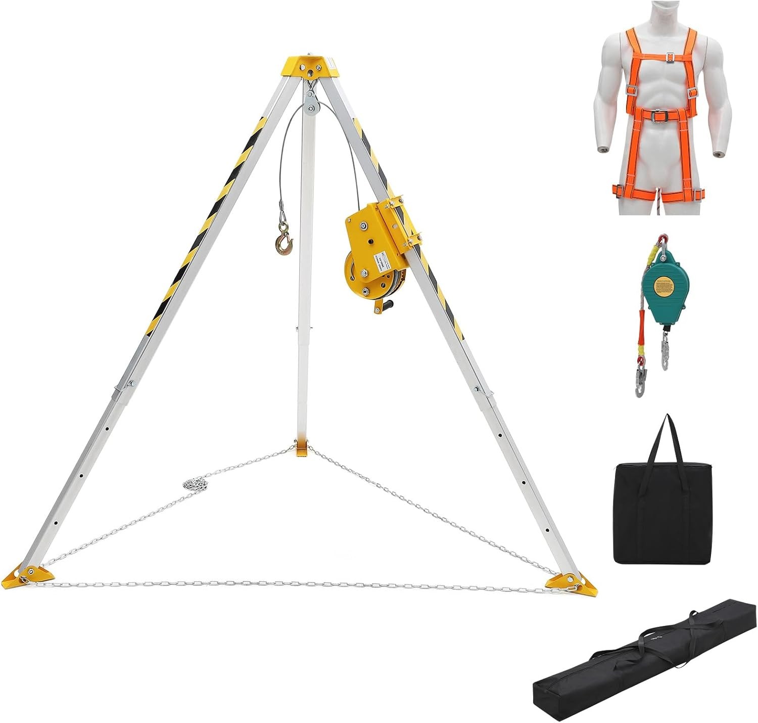 Confined Space Tripod Kit 1200Lbs Winch 8' Legs & 98' Cable 33' Fall Protection