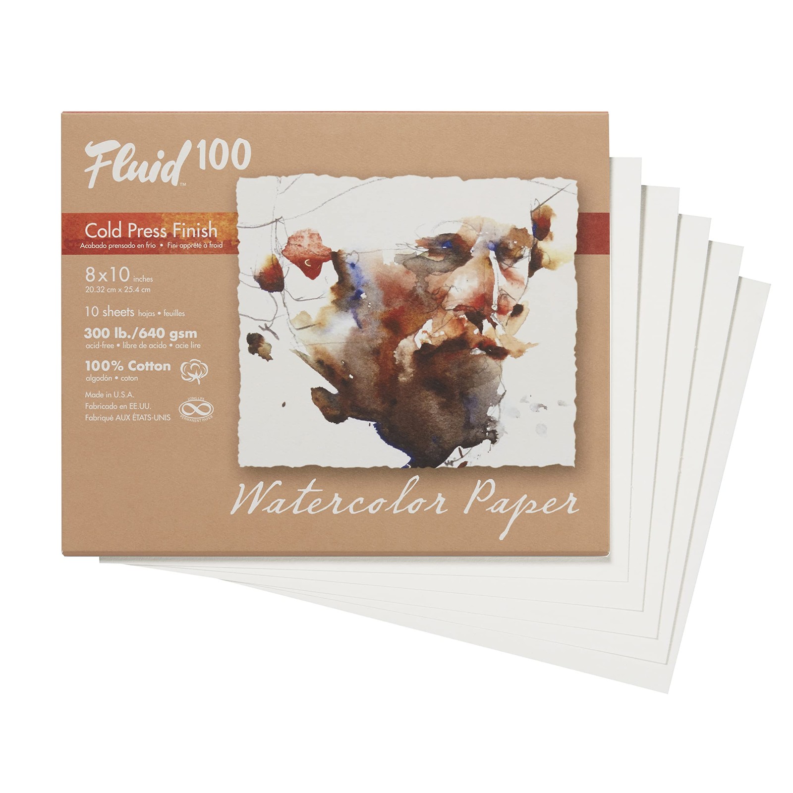 Fluid 100 Watercolor Paper 8x10 Inch 10 Sheets 300lb 100% Cotton Archival