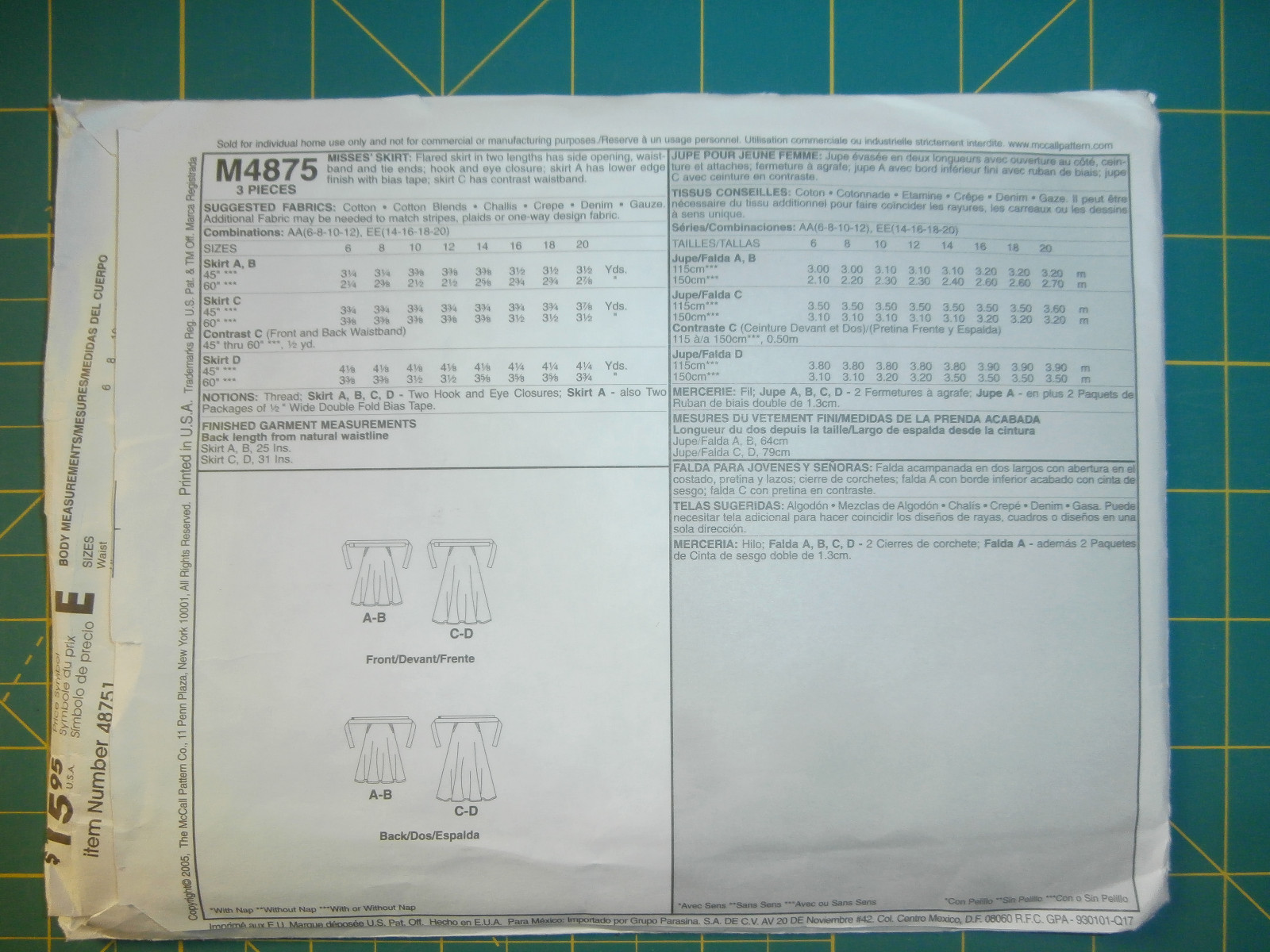 McCall's 4875 Size 6 8 10 12 Misses' Skirt 2 Hour Pattern