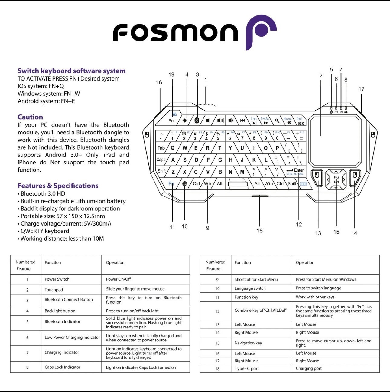 Fosmon 30FT Mini Wireless Bluetooth Keyboard Touchpad for iOS Android Windows