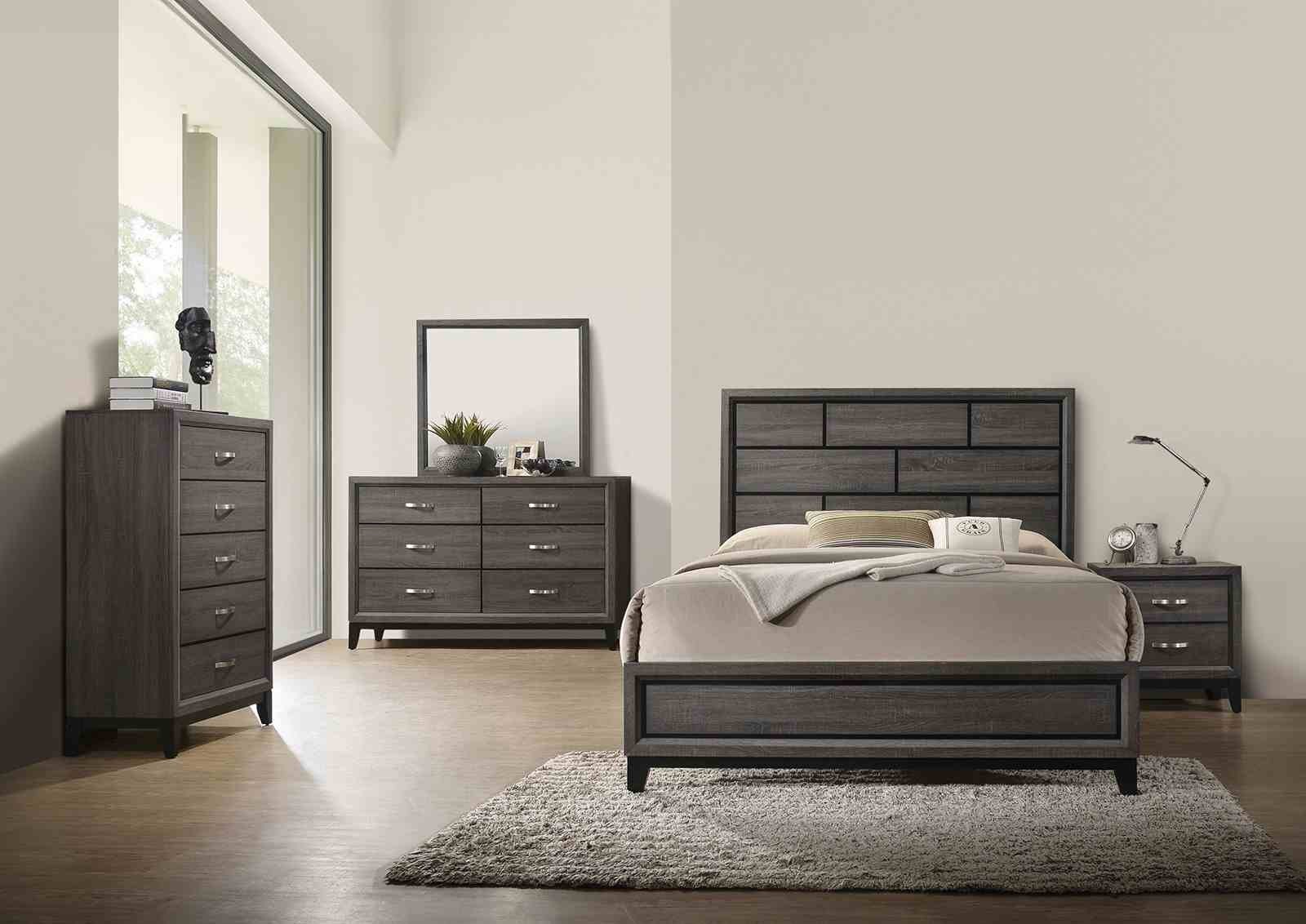 Eastern King Size 5pc Bed Set Panel HB Two Tone Design Wooden Legs Gray Finish
