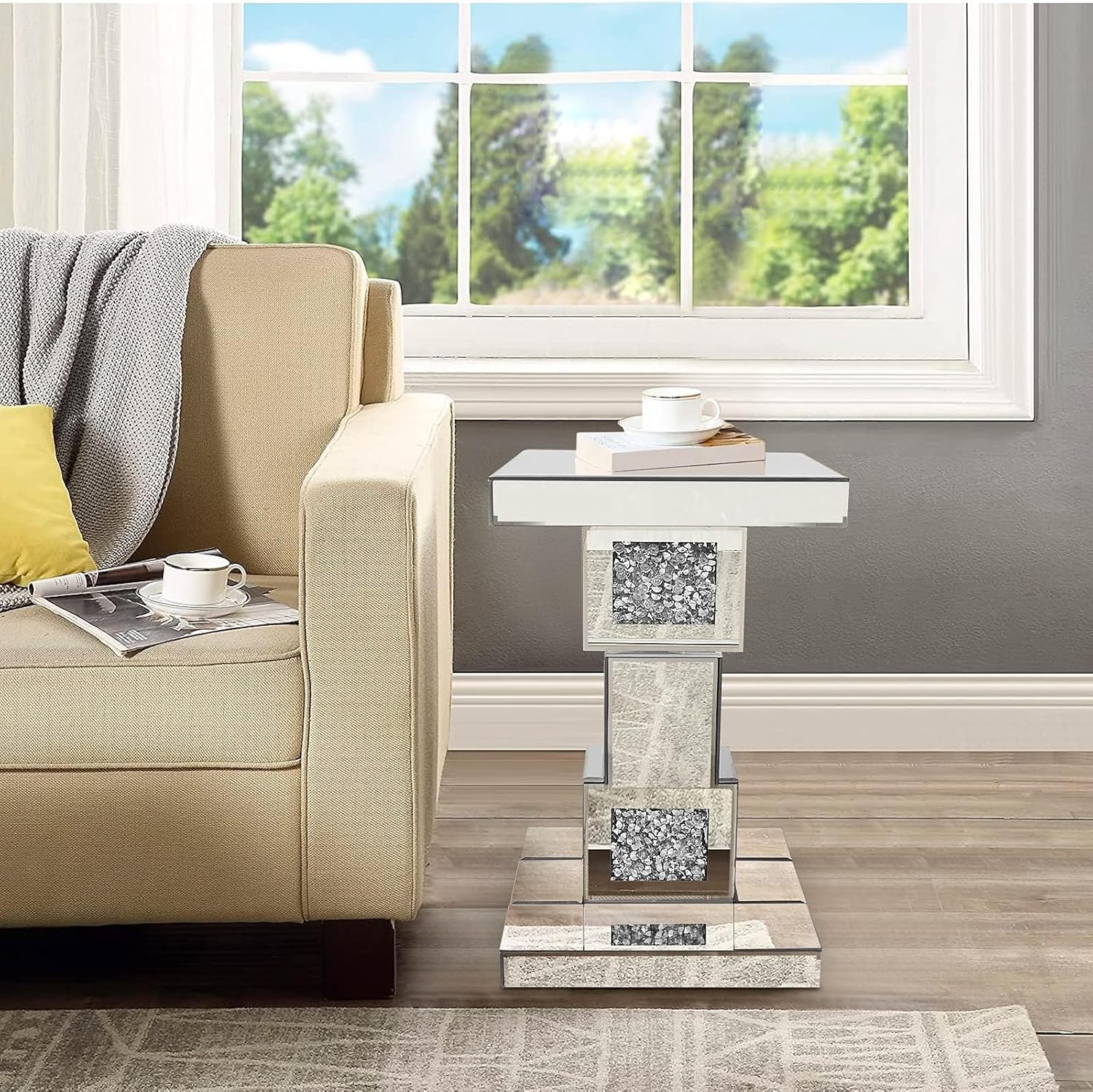 20"Silver Mirrored End Table With Crystal Inlay, Modern Side Table Accent Table