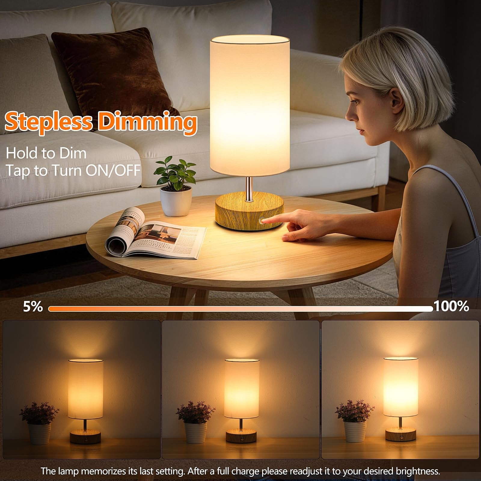 Cordless Table Lamp, Rechargeable 6000mAh Battery Operated Bedside Lamp, Port...