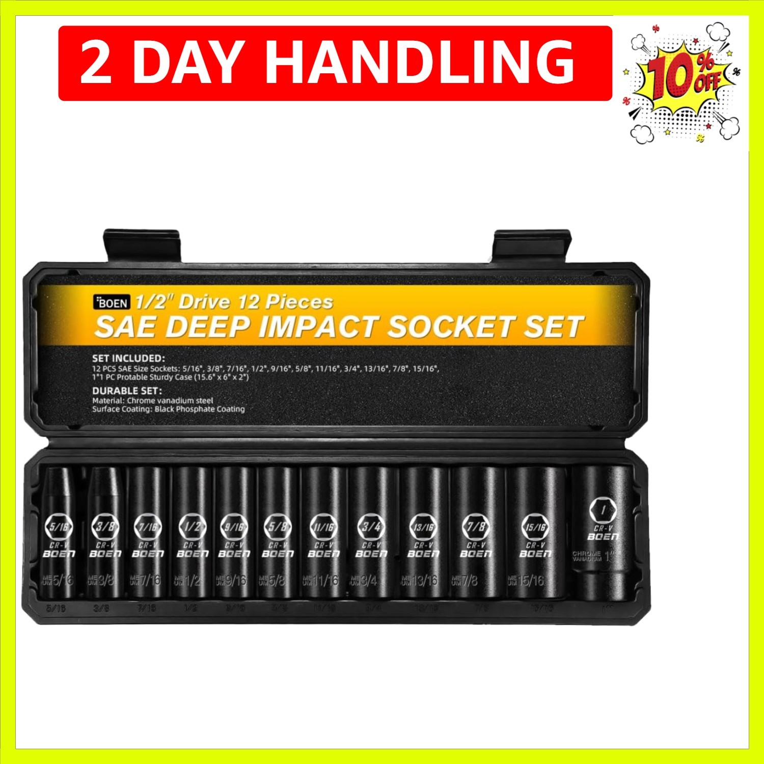 High Torque 1/2 Drive SAE Deep Impact Socket Set - 6 Point Hex Design, 12 Pieces