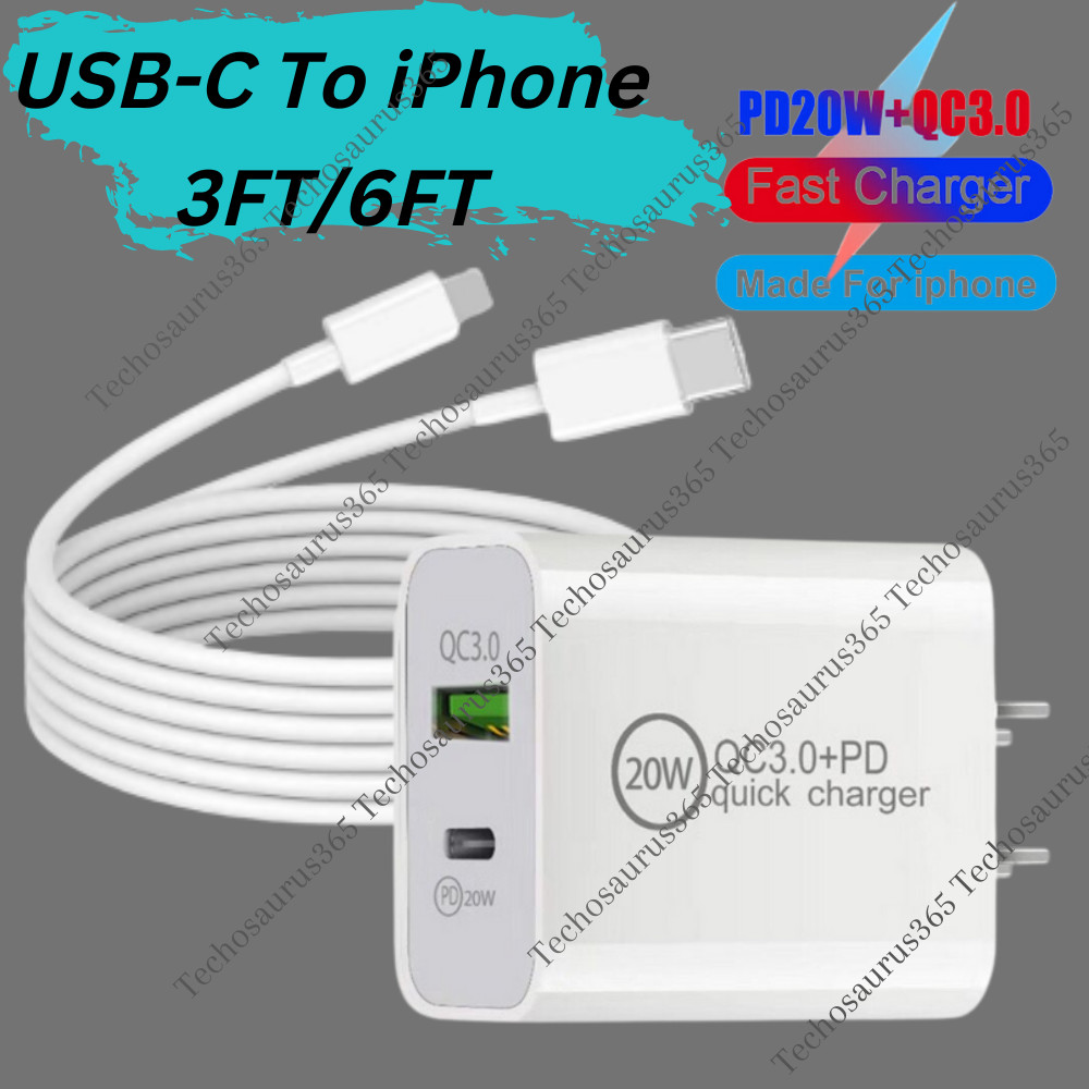 20W Fast Charge USB-C Power Adapter For iPhone 14/13/12/11 Pro Max/iPad PD Cable
