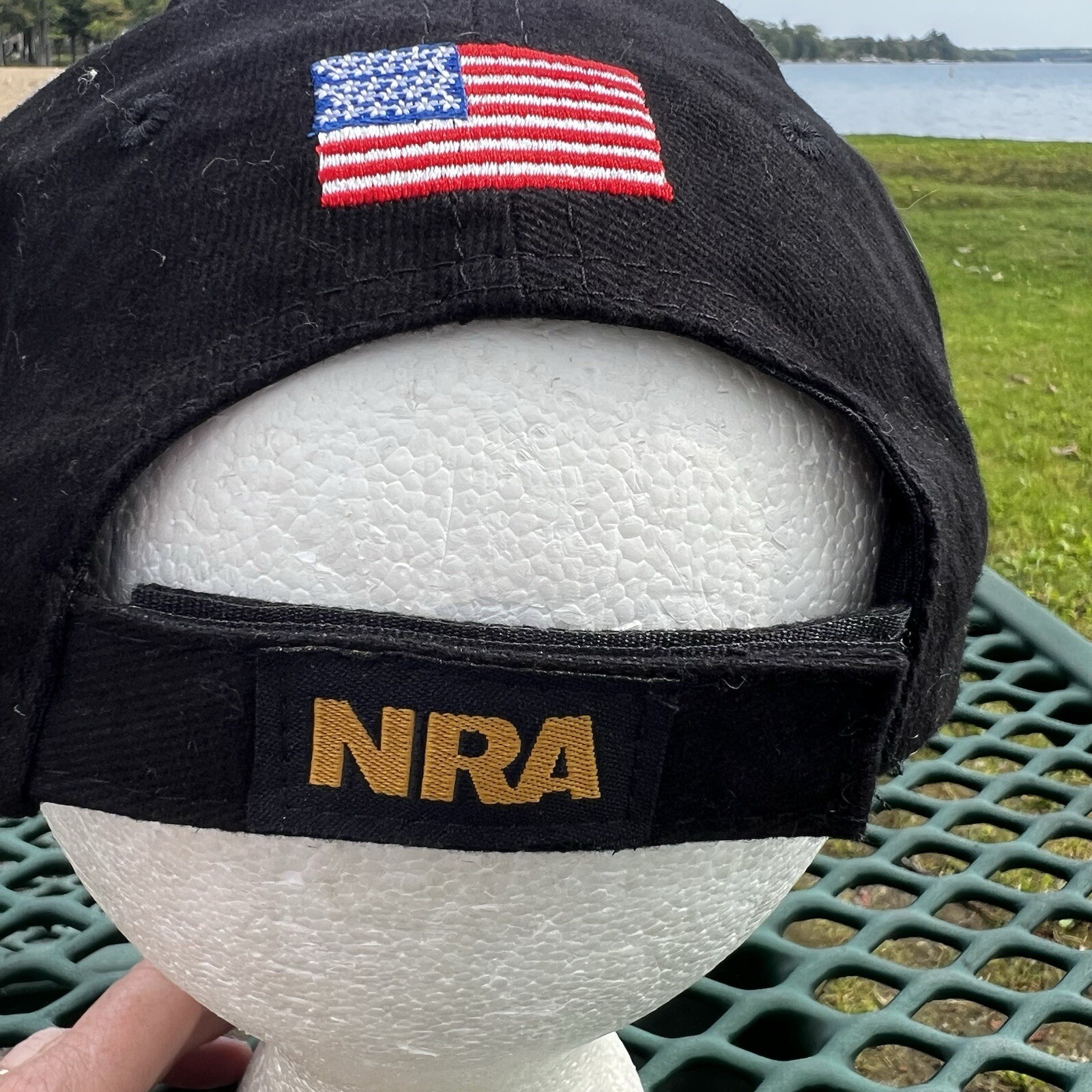 NRA Gold Letters on Black Hat Cap w Gold Bill Edge Hook Loop American Flag EUC