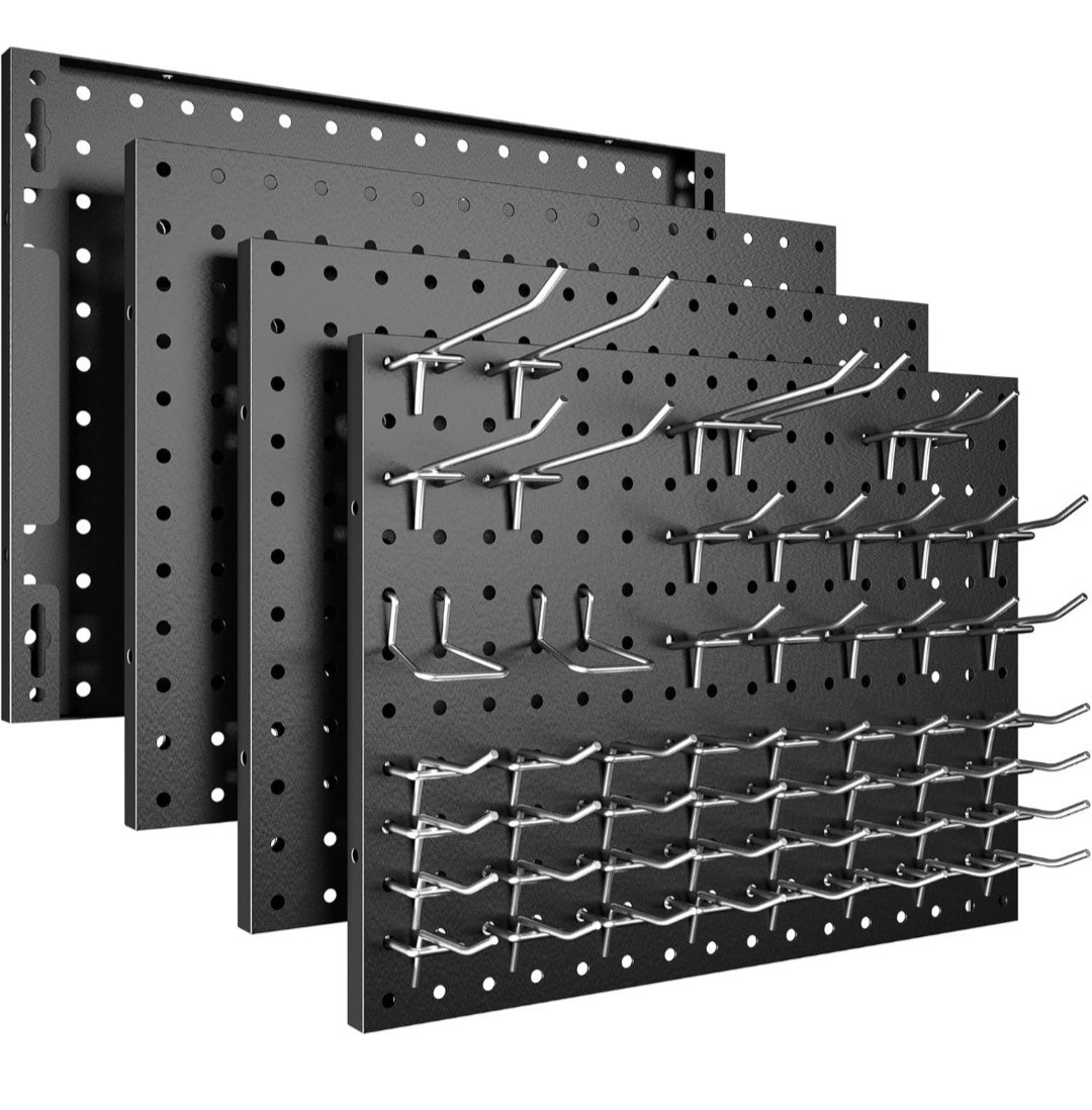 Peg Board, 4 Pack Metal Pegboard Panels without Hooks, Black Pegboards Wall...