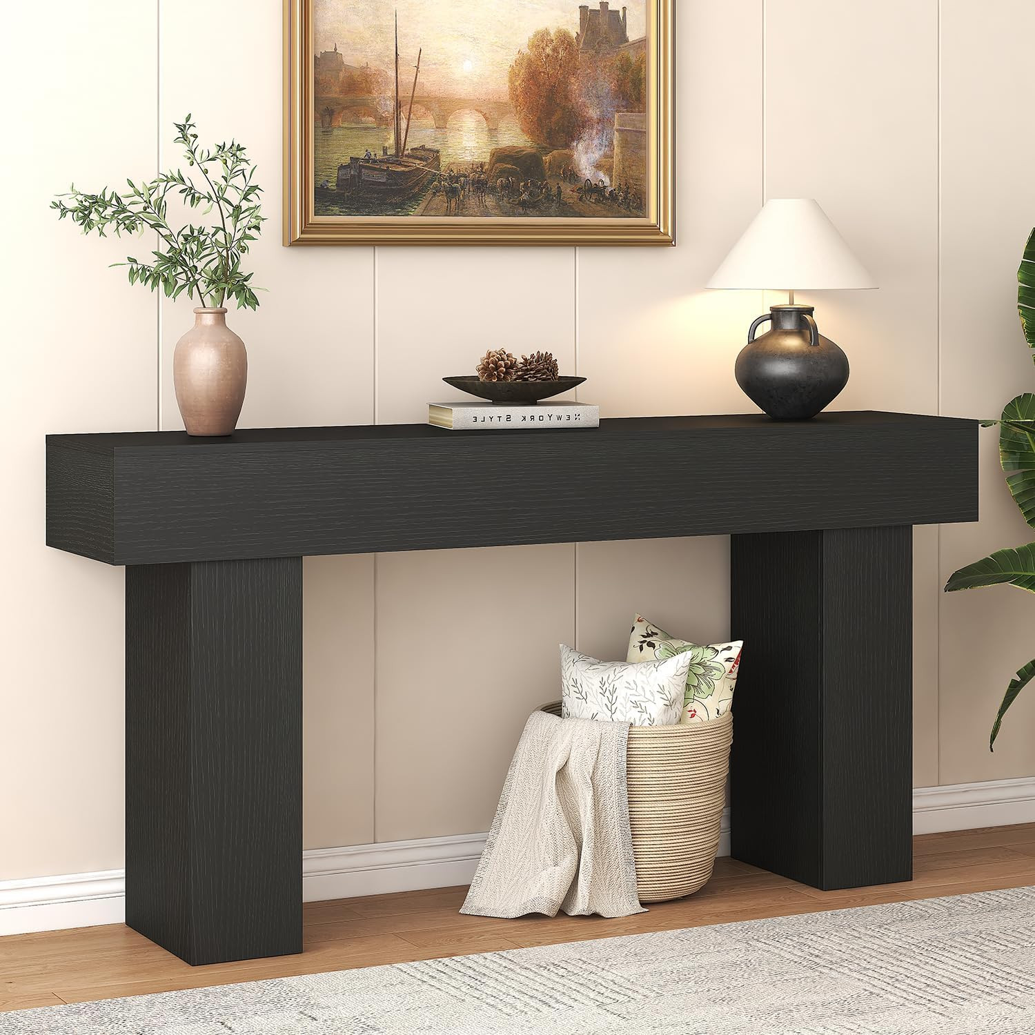 63" Charcoal Black Console Table - Farmhouse Entryway Sofa Table, Easy Assembly