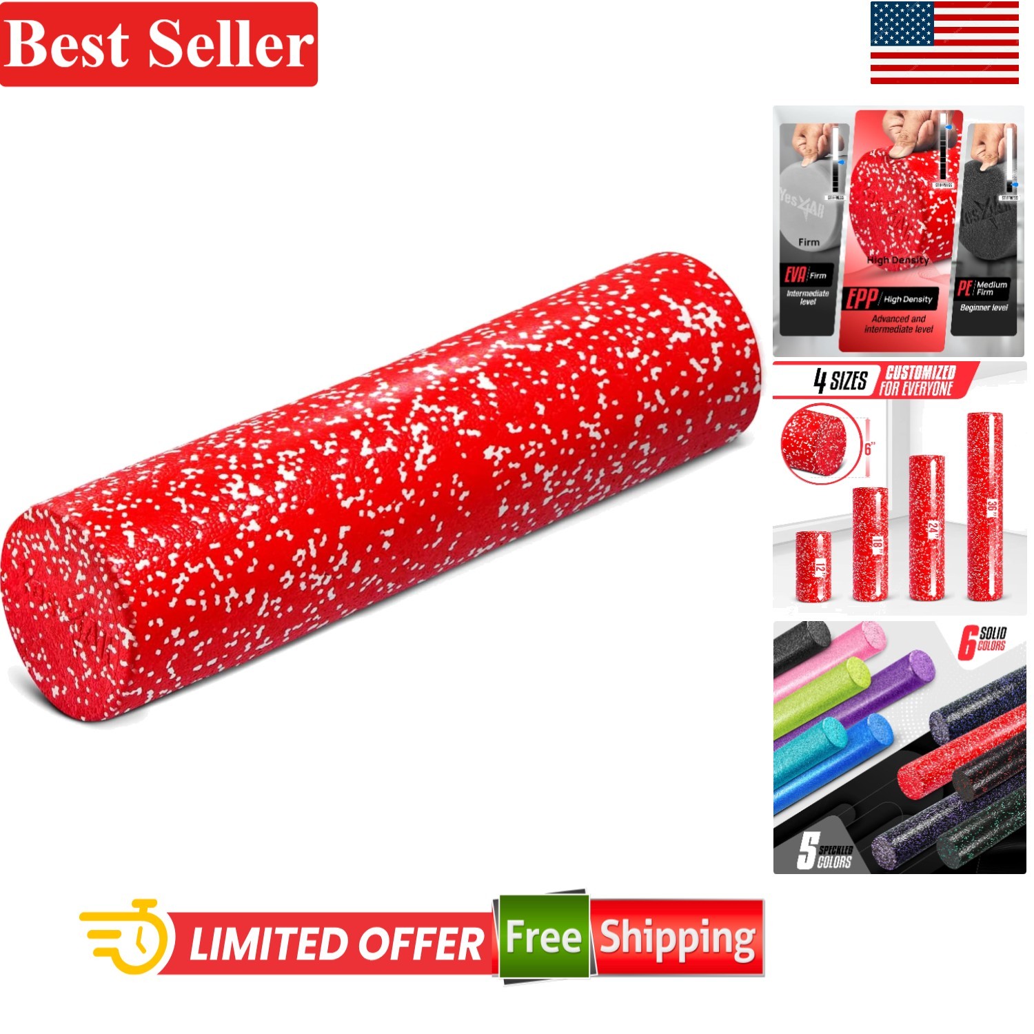 24-Inch High-Density EPP Foam Roller for Yoga & Fitness - Extra Firm Red Color