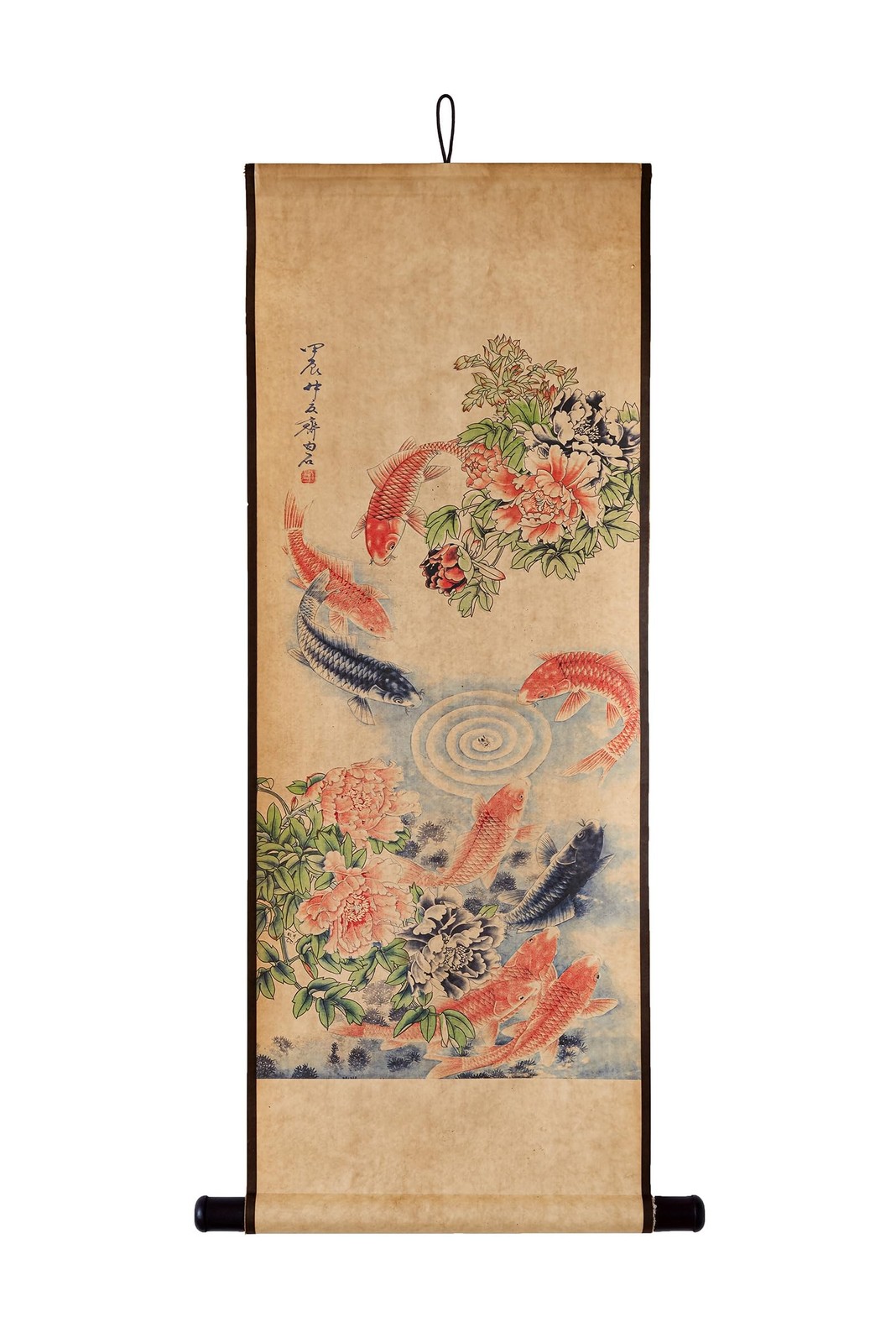 Koi Fish Wall Japanese Art Painting Poster, Feng Shui Yin Yang Paper Wooden B...