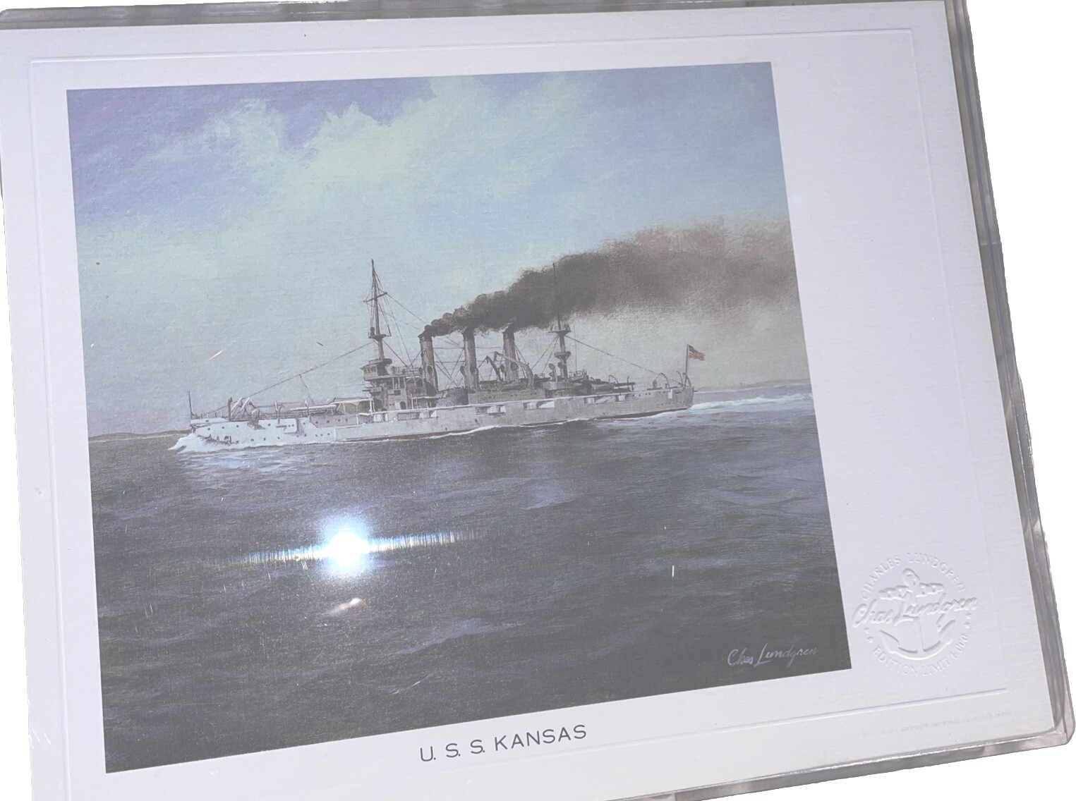 USS KANSAS - Naval Art Print - Warship Chas Lundgren Embossed  50 States Ships