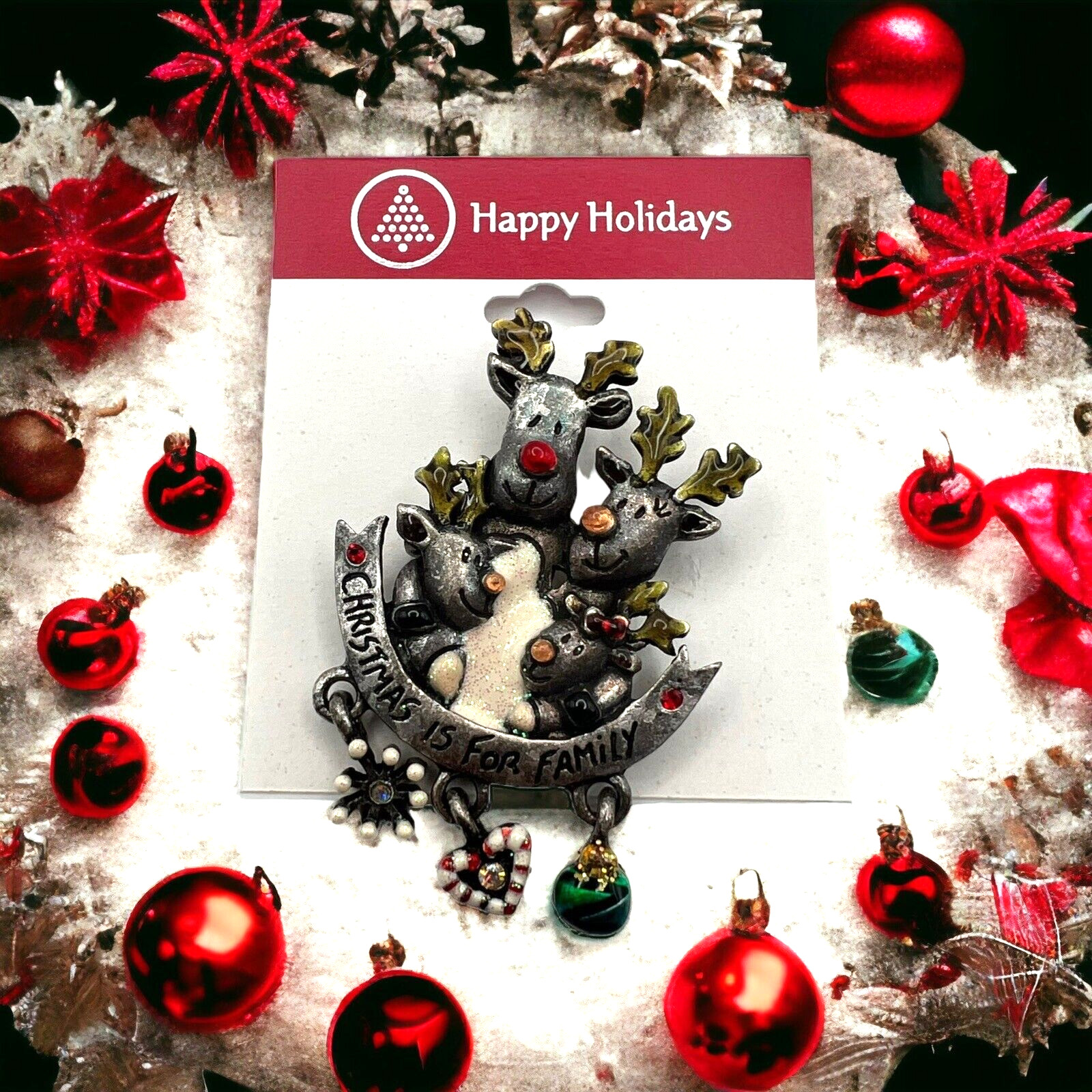 Christmas Reindeer Pin Brooch Pewter AJMC Signed Happy Holidays New on Card