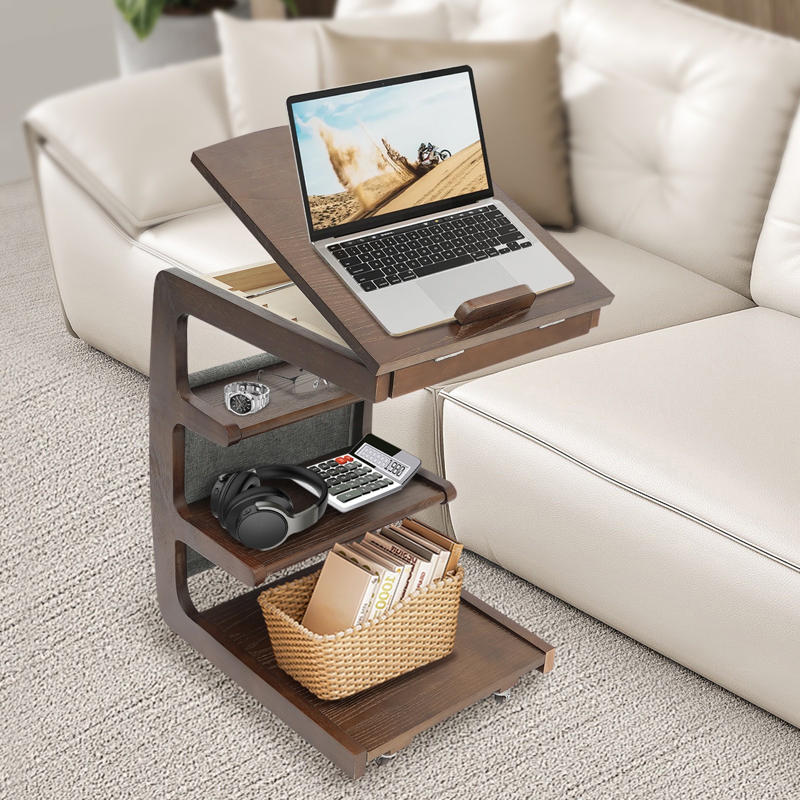 C-Shaped End Table 4-Tier Wooden Side Table Laptop Tray Coffee Table Couch Table