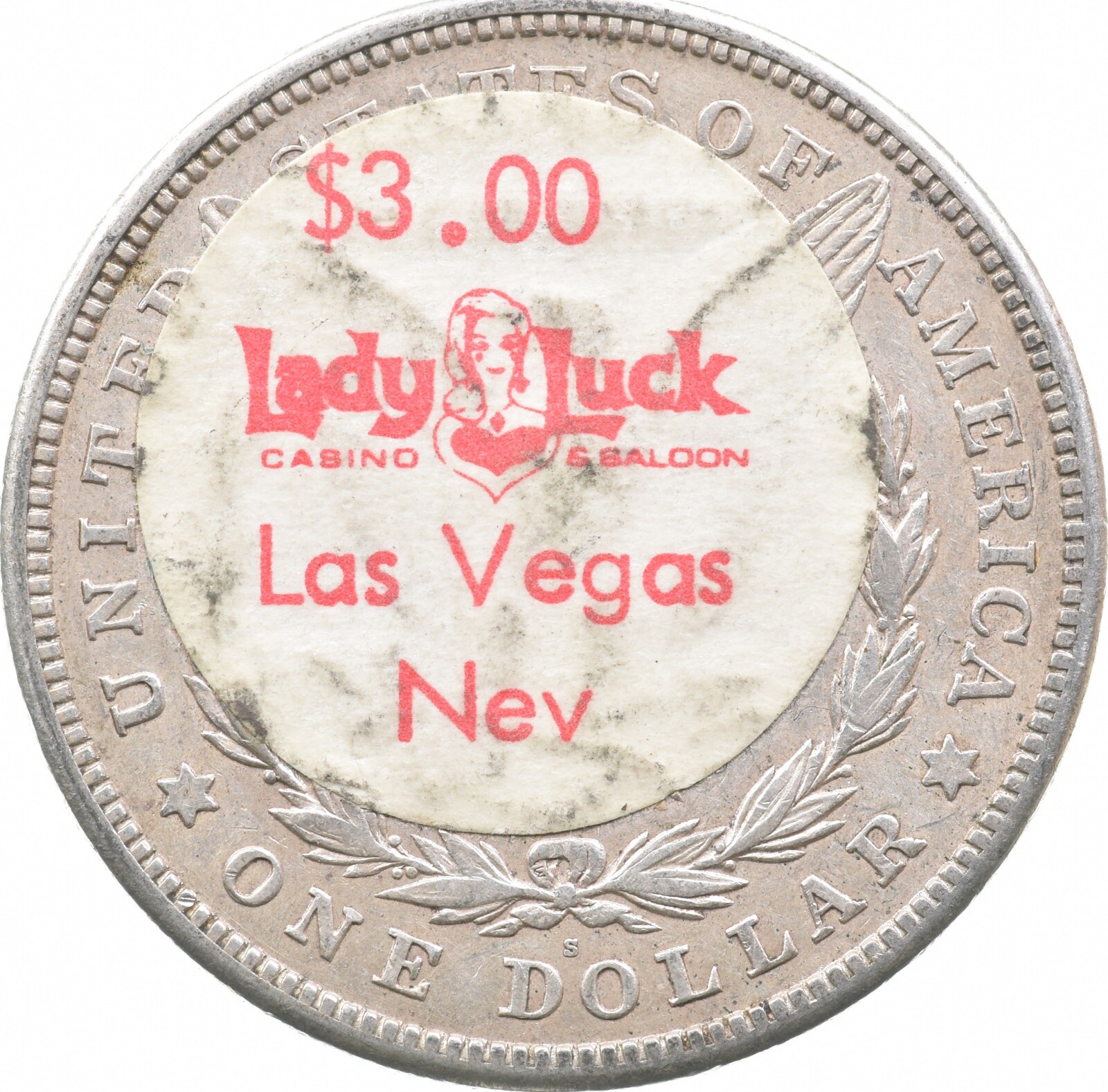 1921-S Morgan Silver Dollar Sticker Las Vegas Casino Lady Luck *5219