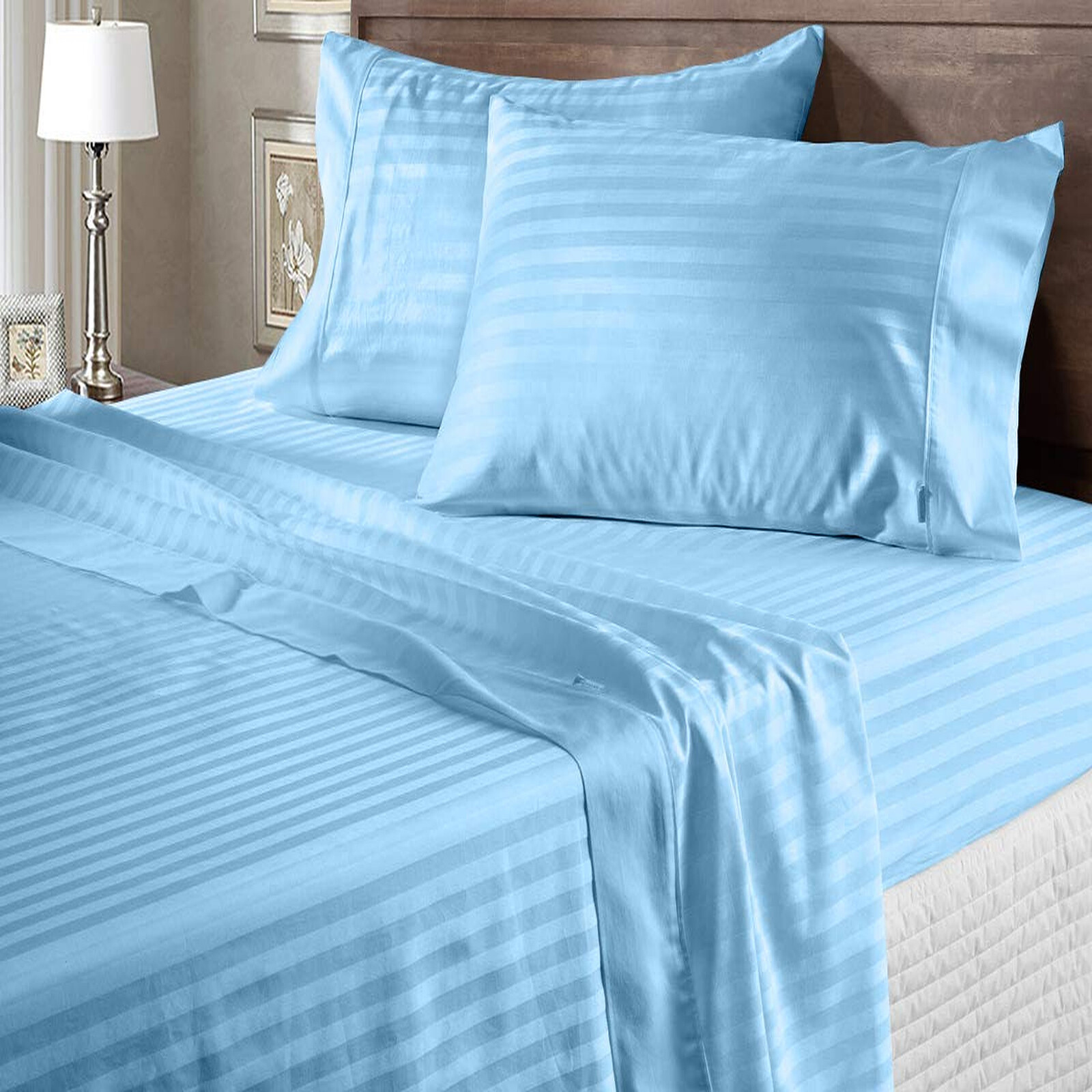 Extra Deep Pocket 4 PCs Sheet Set 1000 Count Organic Cotton Sky Blue Stripe