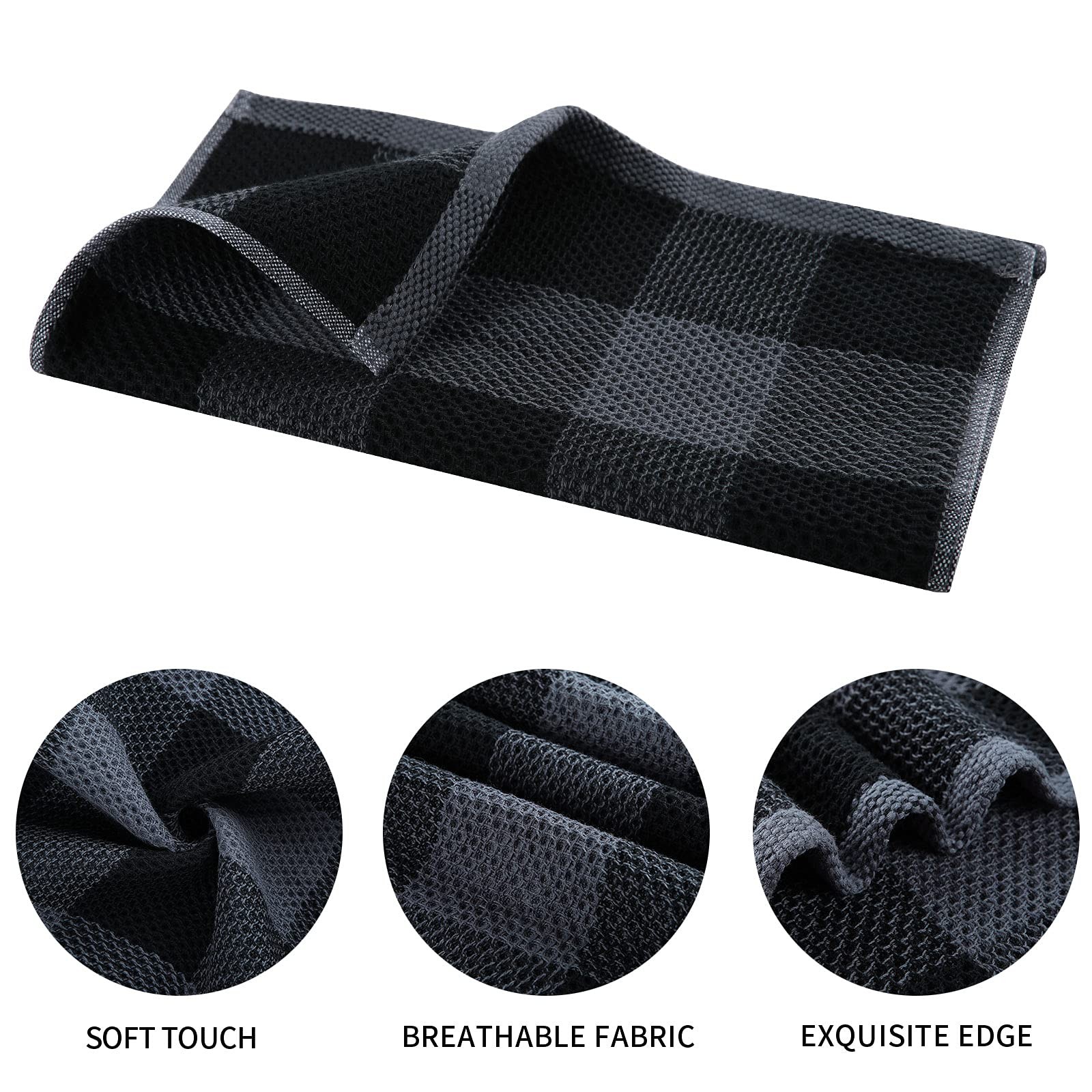 Super Soft 100% Cotton Waffle Kitchen Towels, 4-Pack, Black & Grey Check