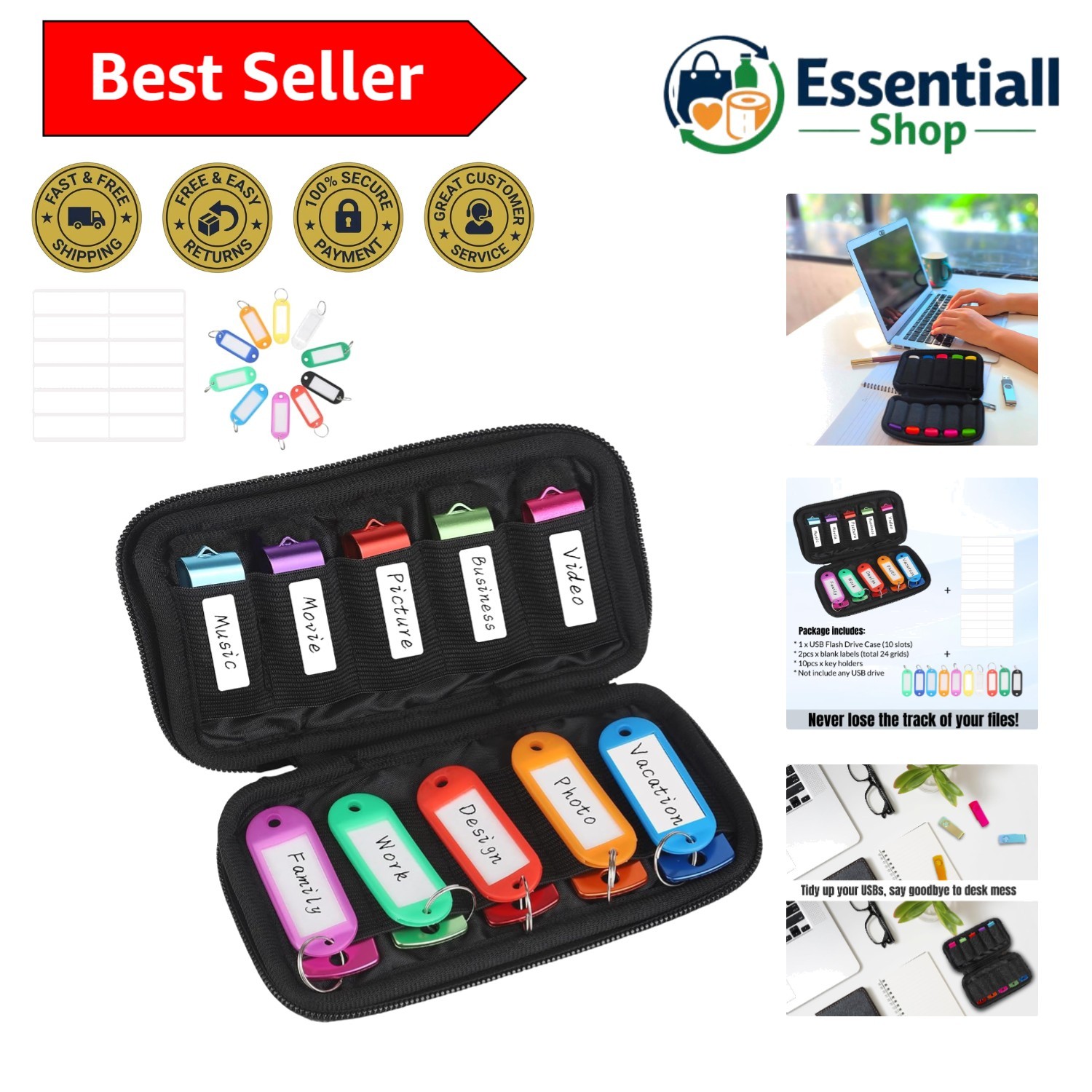 Elegant Neoprene USB Flash Drive Holder Case with 10 Slots - Black