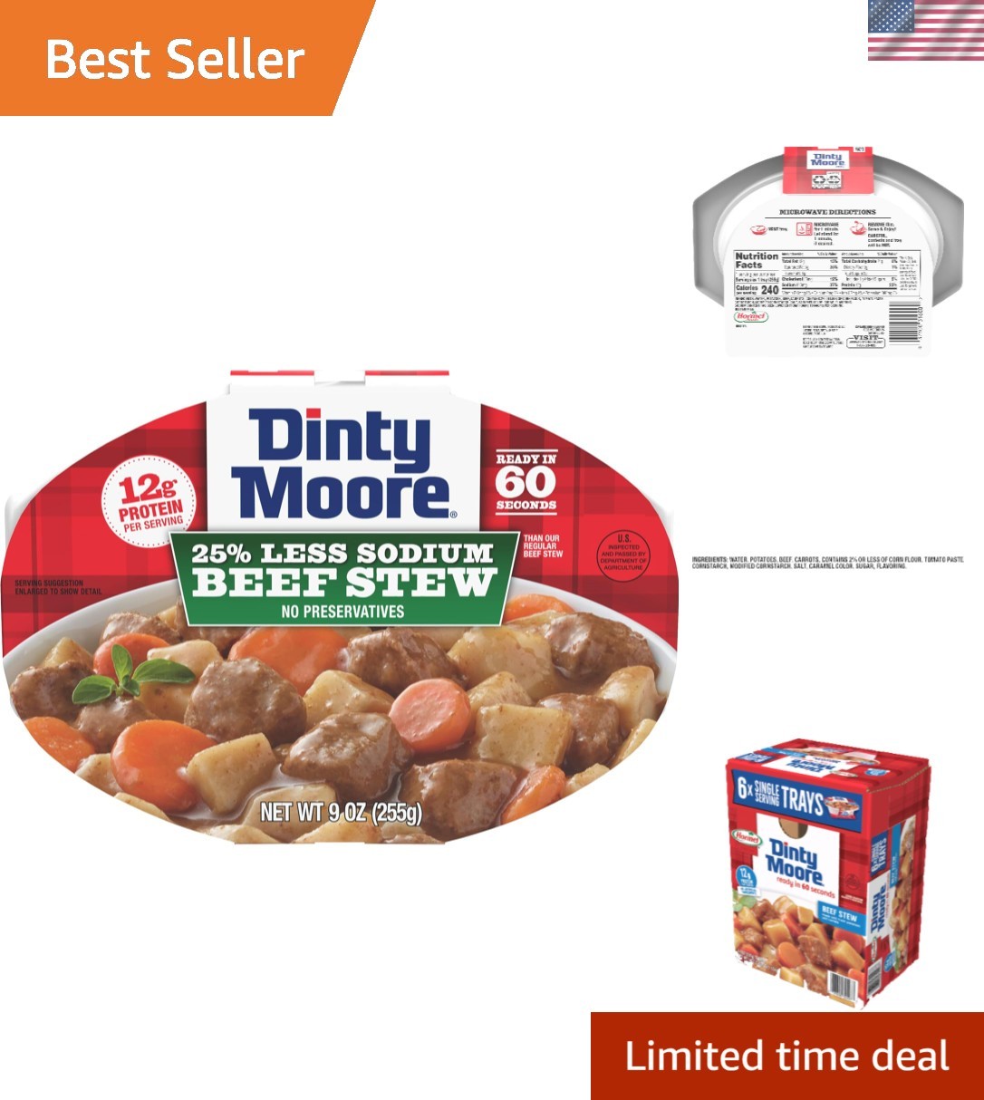 Dinty Moore Beef Stew Less Sodium Microwave Tray 9oz, 6 Pack