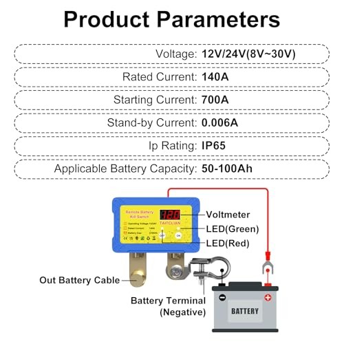 Battery Kill Switch for Car, Remote Disconnect Switch 12V/24V 140A, LED