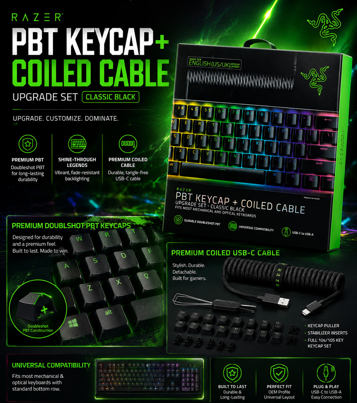 Razer PBT Keycap + Coiled Cable Upgrade Set - Classic Black | RC21-01490800-R3M1