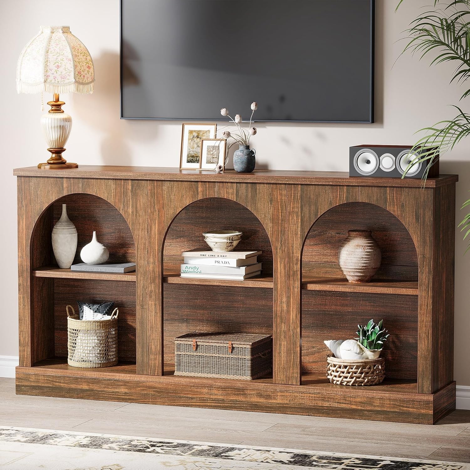 63-Inch Farmhouse Console Table, Rectangular Wooden Entryway Table with Storage