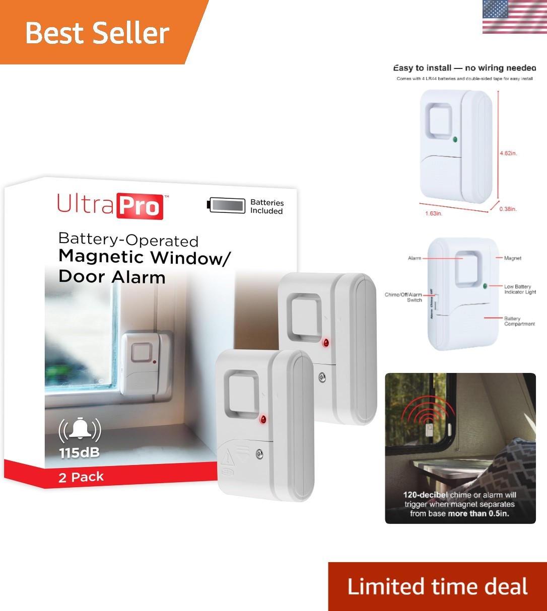 2-Pack Personal Security Window and Door Alarm - 120 dB Wireless Alert System