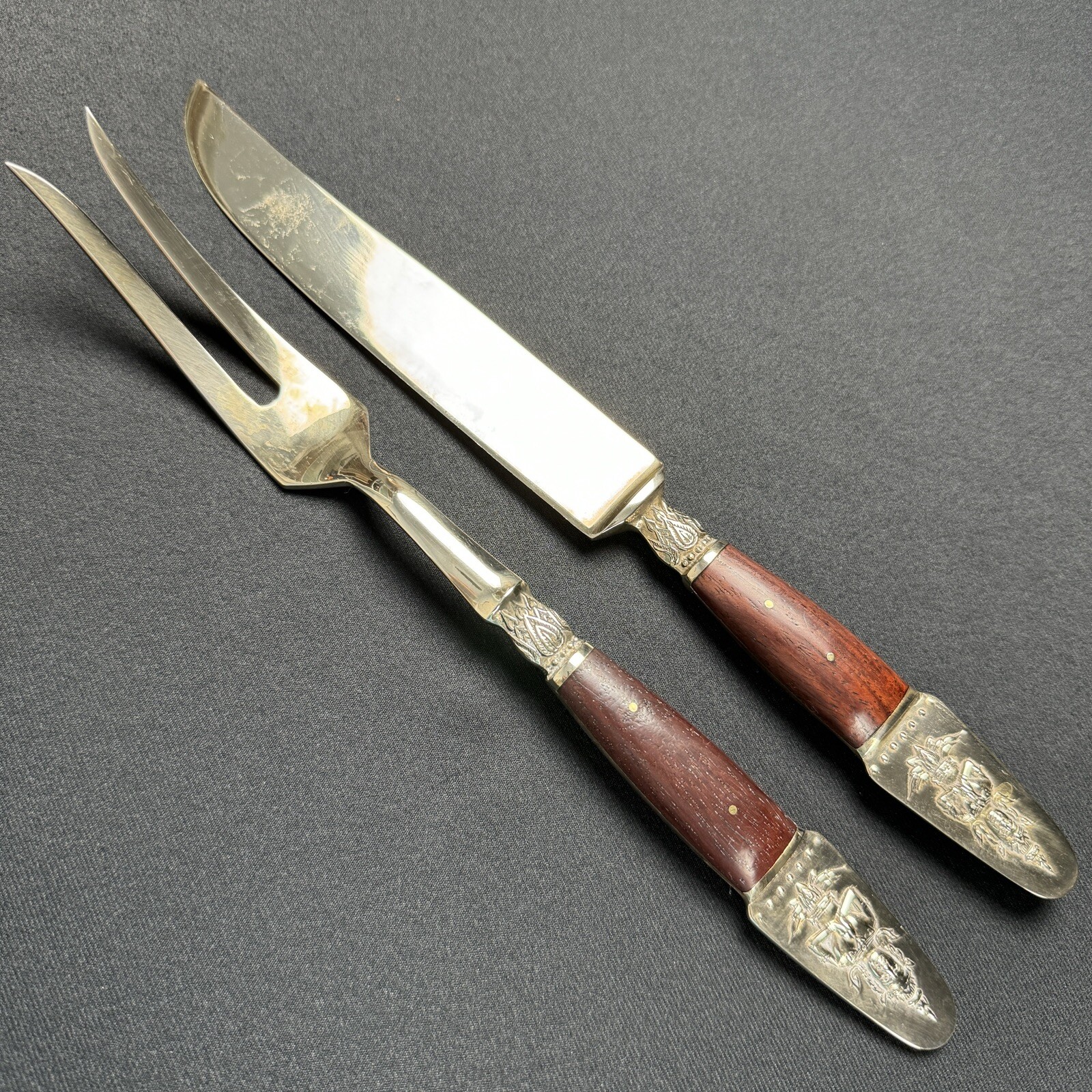 S. Samran Thailand Brass Cutlery Set Carving Knife & Fork Rosewood Handles