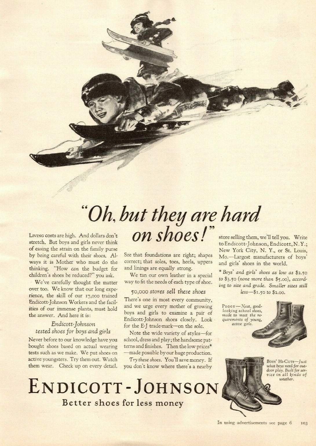 1926 Endicott Johnson Kids Shoes Vintage Print Ad Boys Sleigh Riding