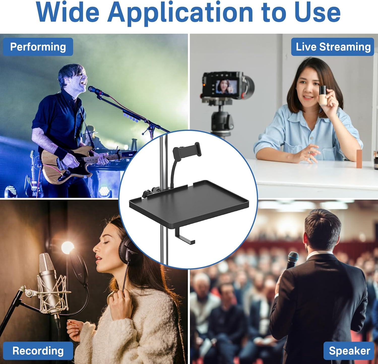 Functional Microphone Stand Tray with Adjustable Mic Stand Phone Holder - 8.7"x6