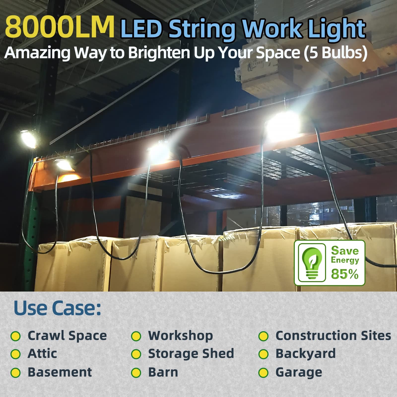 50FT Led Work Light 85W 8000LM Waterproof Construction String Lights Linkable...