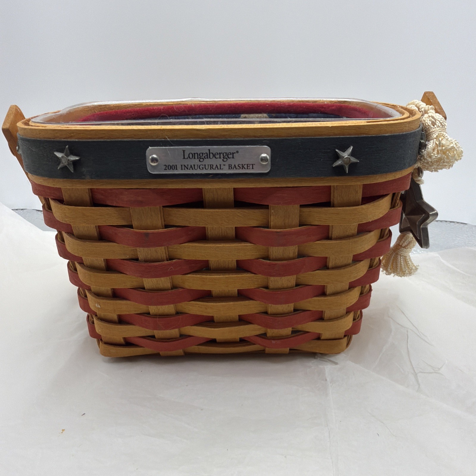 Longaberger 2001 Inaugural Combo Basket–Patriotic Liner, Protect & Pewter Tie-On