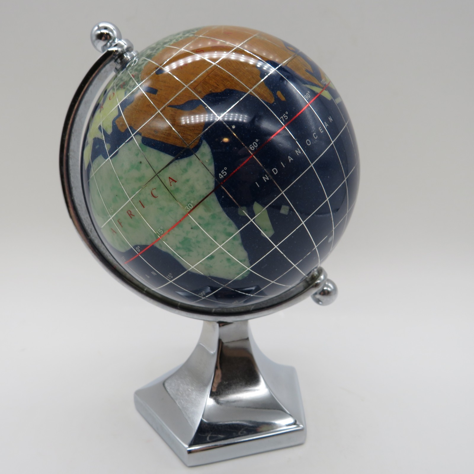 Blue Lapis Globe with Inlaid Semi Precious Stones & Mother of Pearl Abalone 5.5"