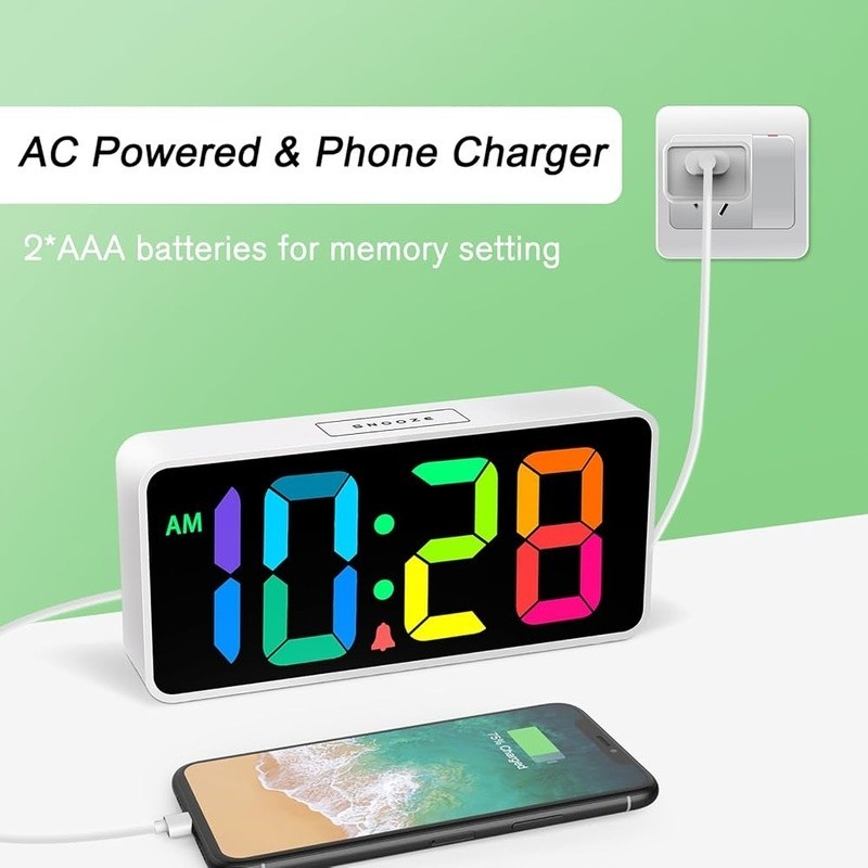 Rainbow Digital Alarm Clock Adjustable Brightness USB Charging Snooze Function