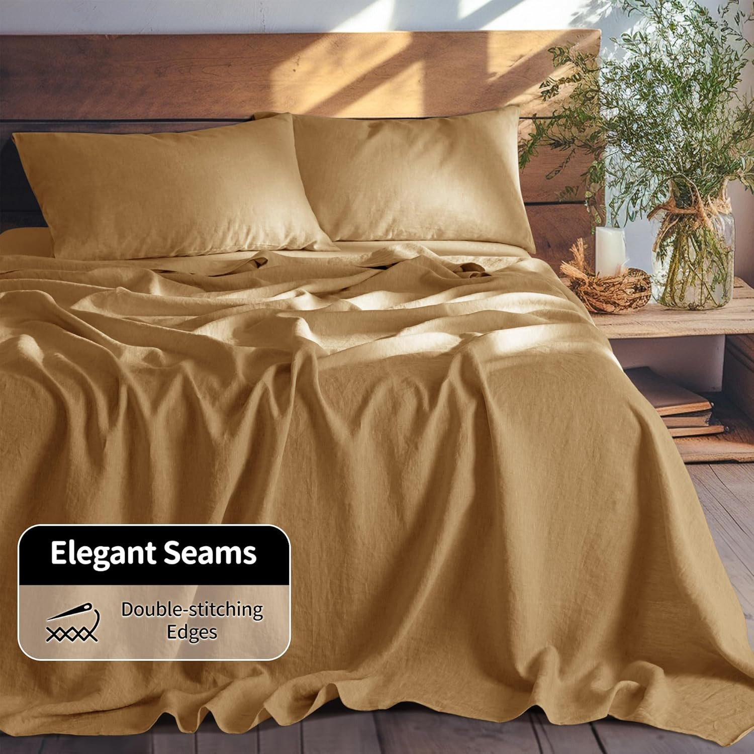 LBR02M 100% Linen Sheet Set King Size,Bed Sheets 4 Piece Sets,Solid Color Natura