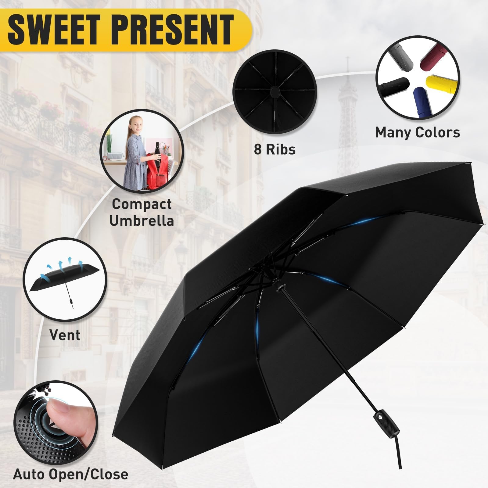 SmartTrends Windproof Travel Umbrella, Compact Easy Compact, Black