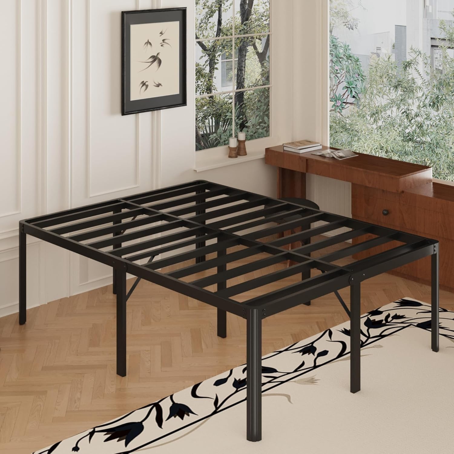 22" High California King Metal Bed Frame, No Box Spring, Easy Assembly, Black