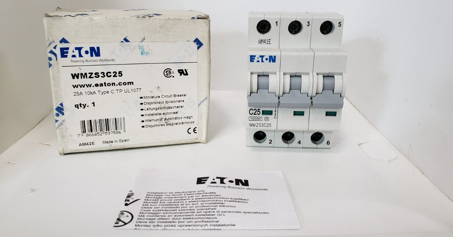 EATON WMZS3C25 (FAZ-C25-3) CIRCUIT BREAKER, 3P 25A 277/480VAC 10kA TYPE C, NIB