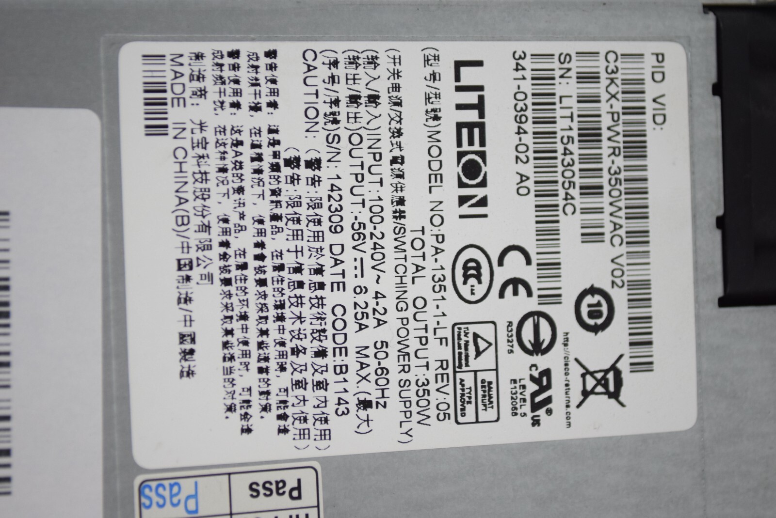 Cisco C3KX-PWR-350WAC V02 350W Switching Power Supply For 3560X 3750X