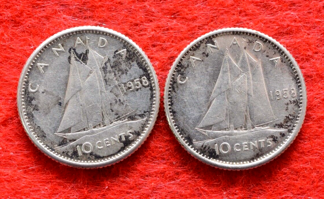 Canadian Silver Coin ~ Canada 1958 ~ 10 Cents X 2