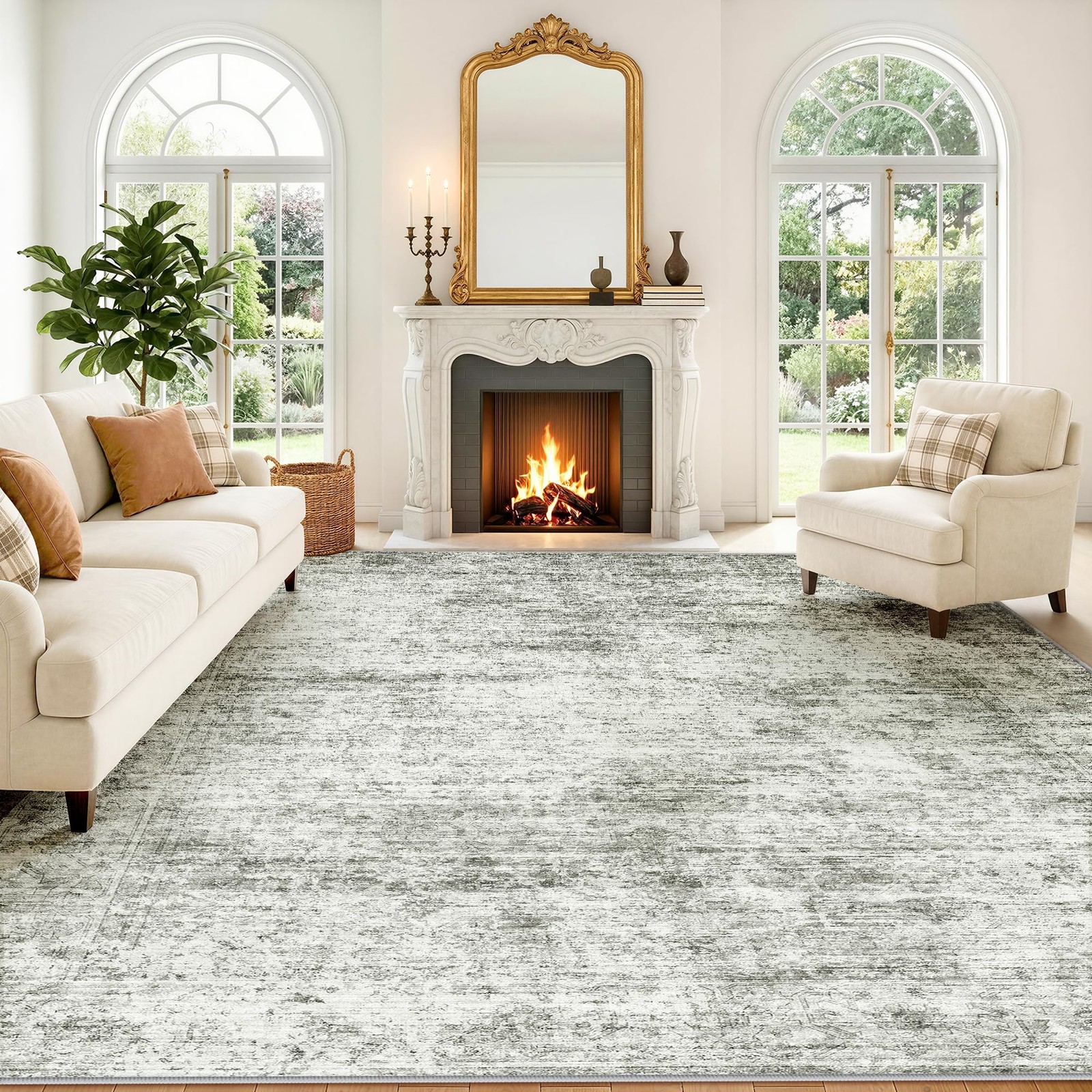 8x10 Washable Area Rug for Living Room Bedroom, Retro Printed Traditional Vin...