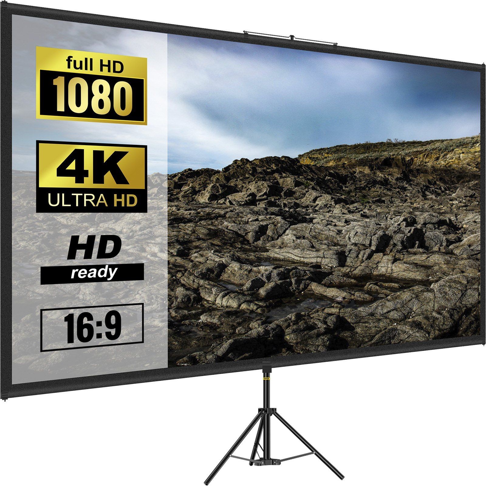 Durable 100in 16:9 4K Projector Screen with Easy-Fold Tripod Frame