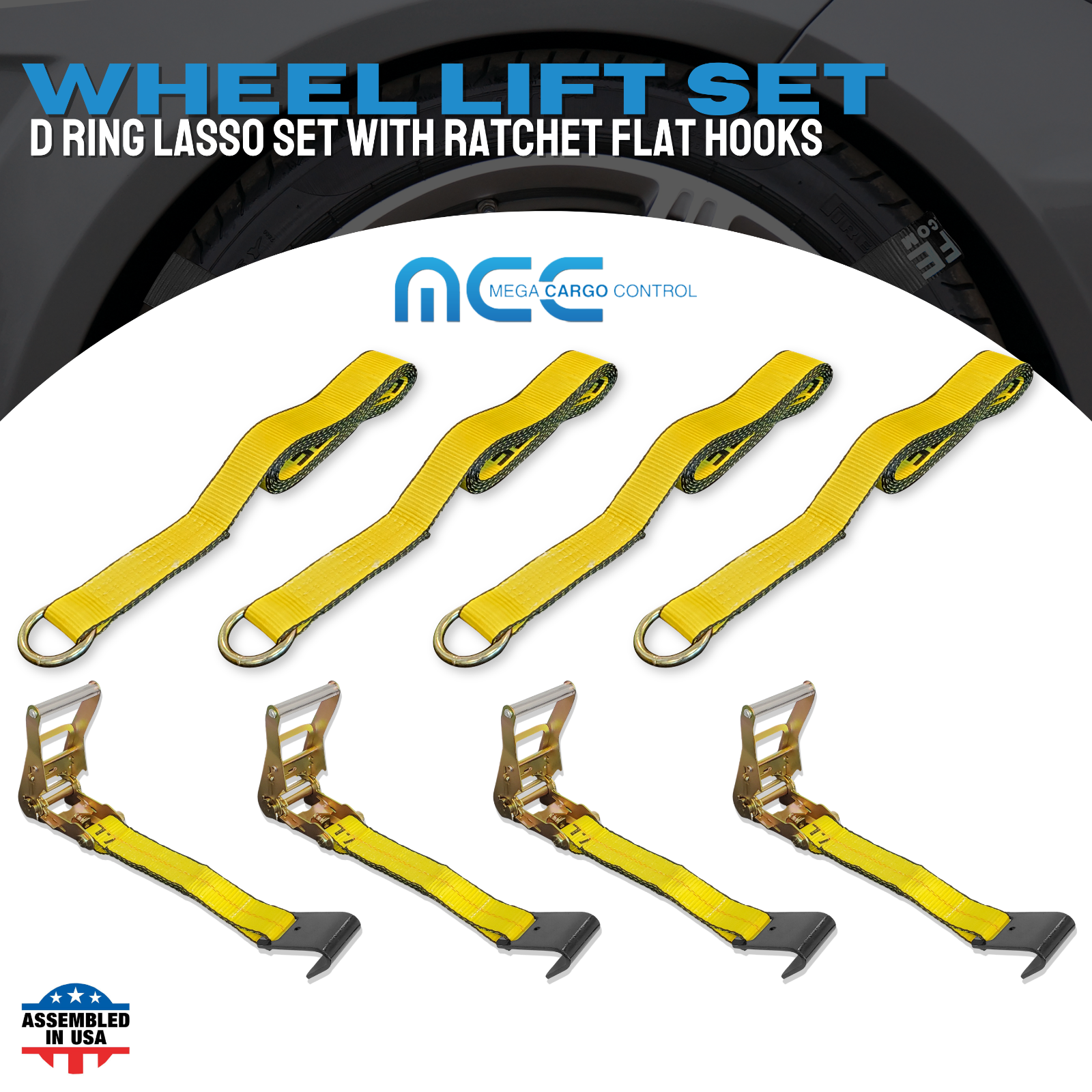 USA 4 Pack 2" x 10' Car Tie Down with Flat Hook Auto Hauler Ratchet Strap Kit