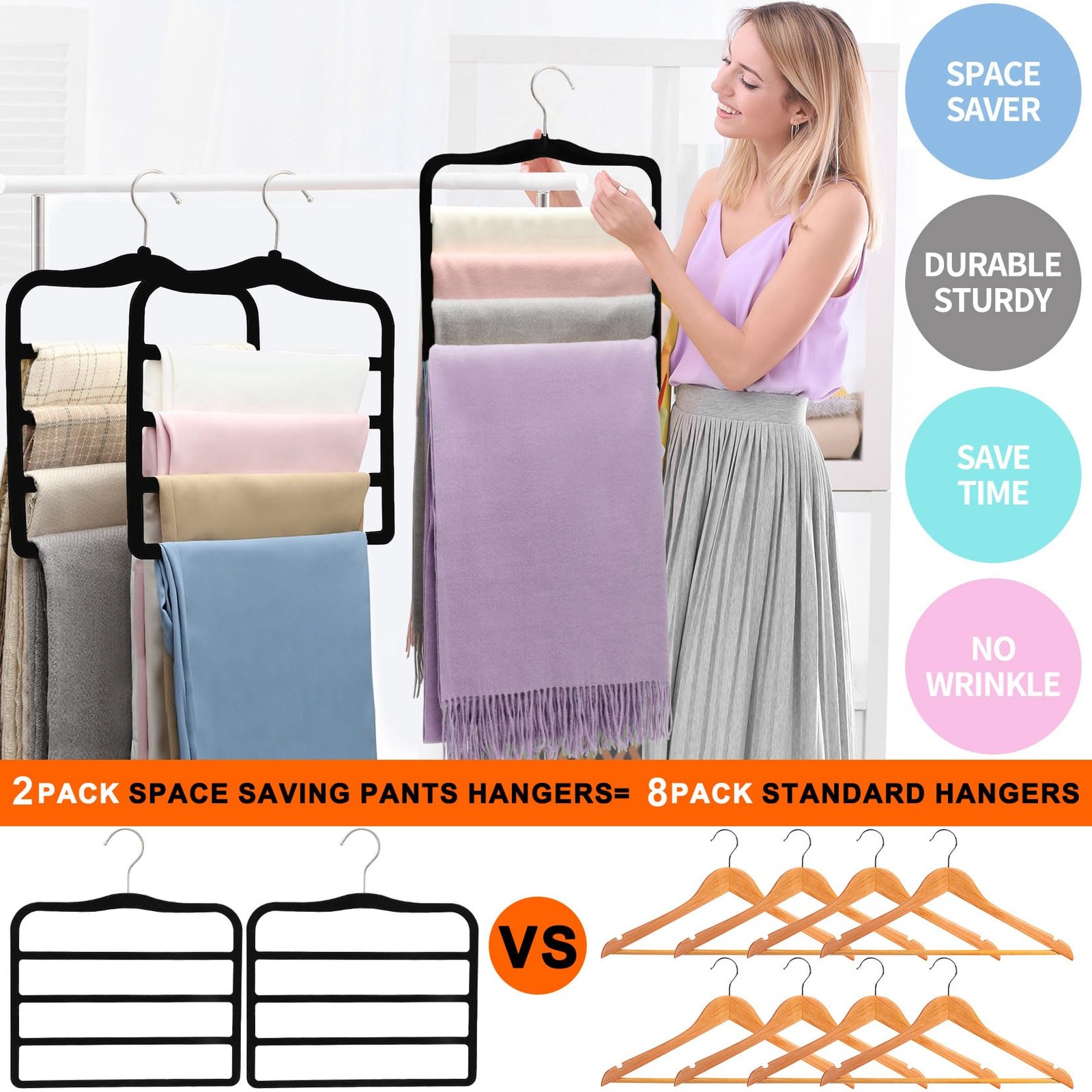 2-Pack Velvet Pants Hangers - Space Saving Multi-Layer Non-Slip Closet Organi...