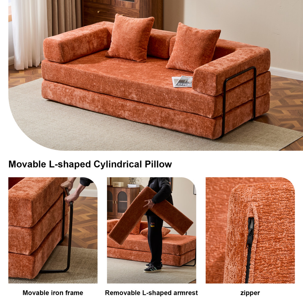 Convertible 3-Seat Futon Sofa Bed with Pillow Back, Orange