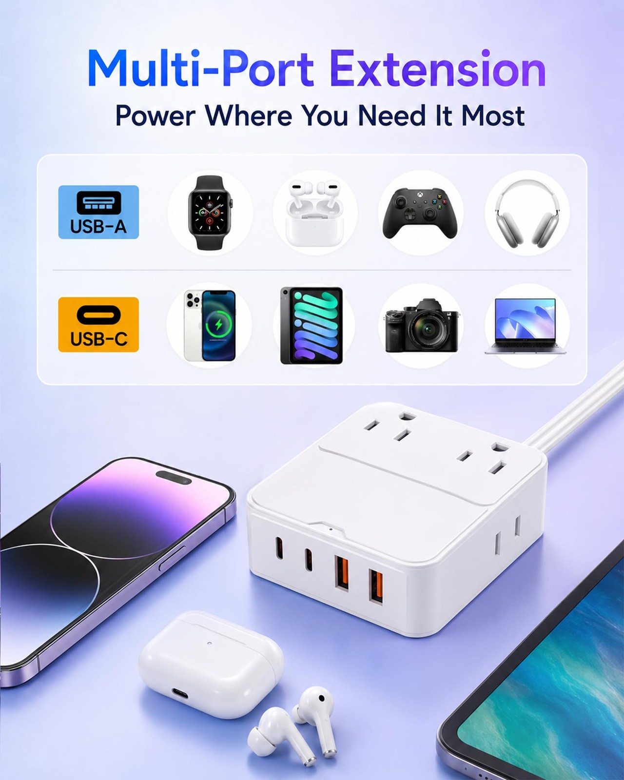 Surge Protector Power Strip: Multiple Outlets Extender with 6Ft Flat Plug Ext...