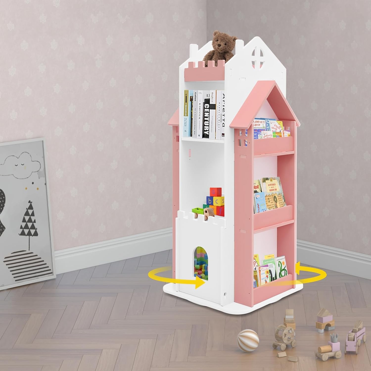 Pink 3 Tier Children's Rotating Bookshelf Book Storage Organize For Kids Room